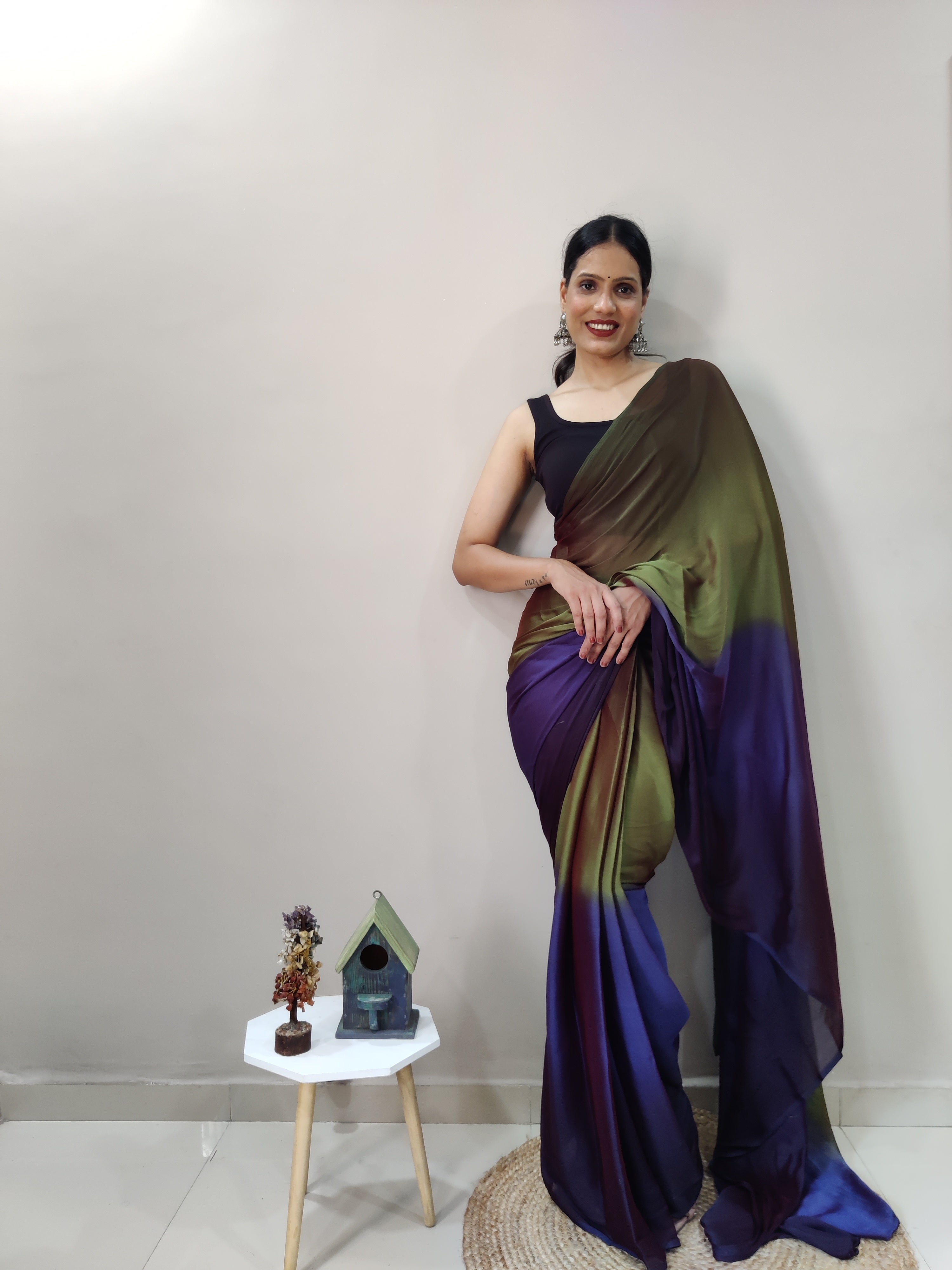 Magnificat 1-Minute Ready-To-Wear Multi-Colour Chiffon Silk Saree | Printed Design with Blouse Piece