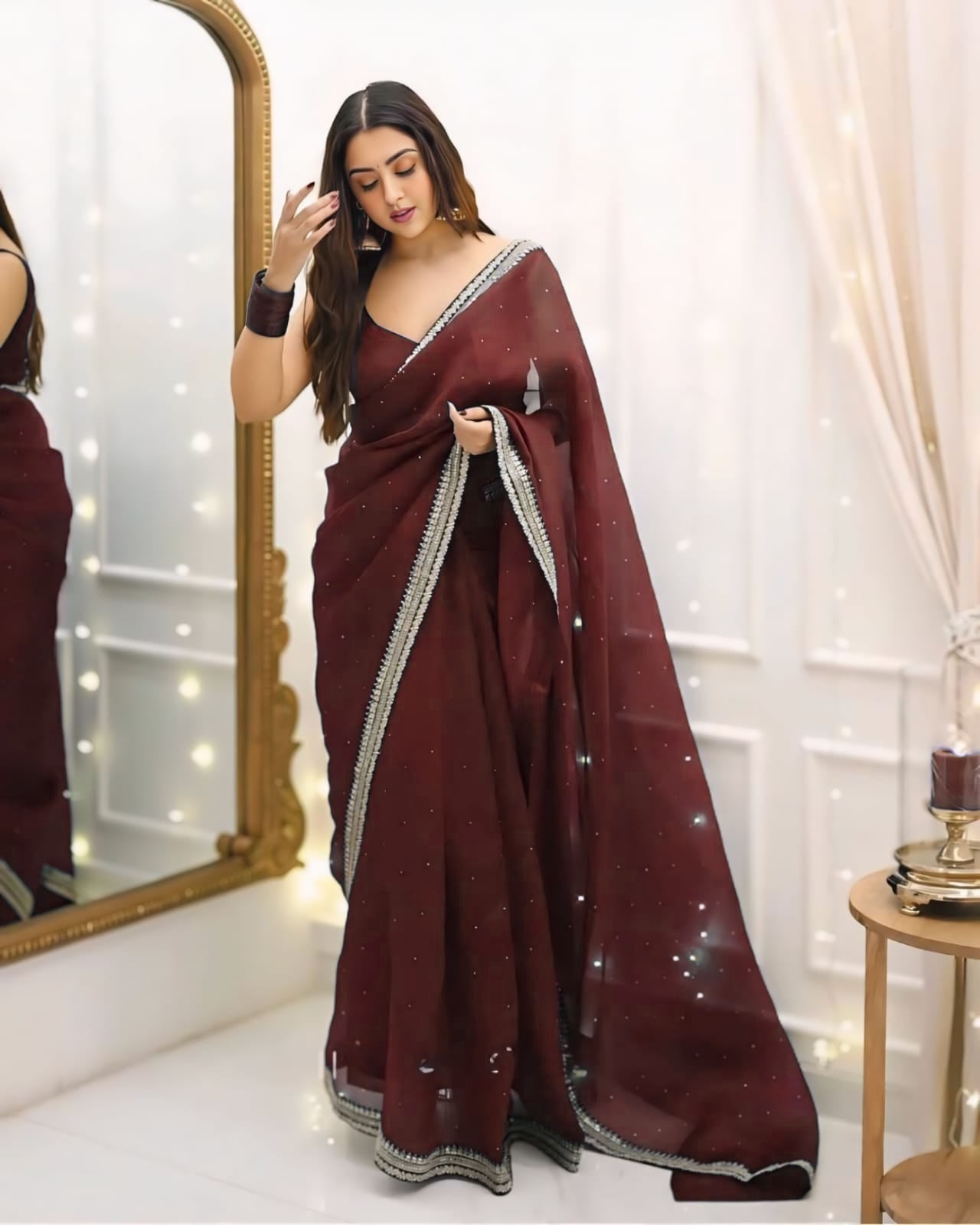 CLOVIRA 1-Minute Ready-to-Wear Organza Silk Saree with Satin Blouse | Embroidery & Siroski Designer Collection