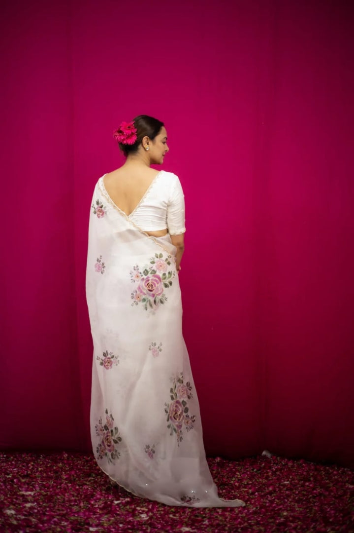 CLOVIRA Ready-to-Wear Tabby Organza Saree with Printed & Handwork Border | Luxurious Designer Collection