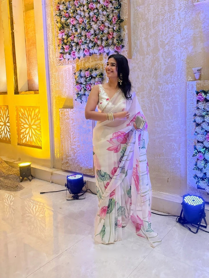 CLOVIRA 1-Minute Ready-to-Wear Tabby Organza Saree with Printed & Handwork Border | Luxurious Designer Collection