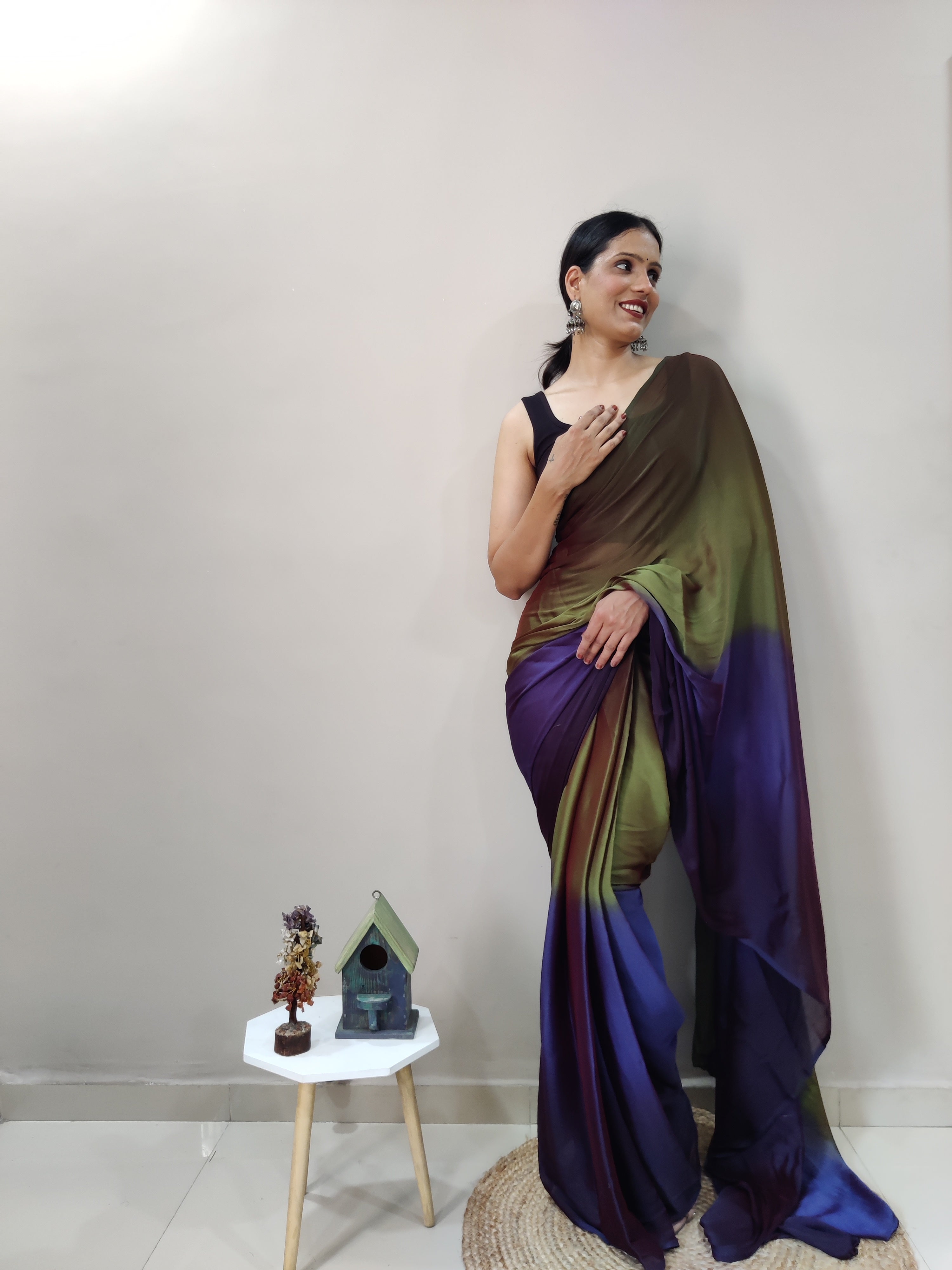Magnificat 1-Minute Ready-To-Wear Multi-Colour Chiffon Silk Saree | Printed Design with Blouse Piece