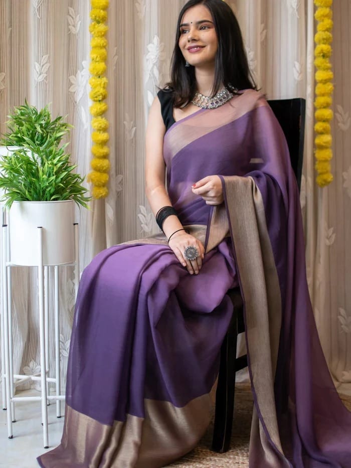 Magnificat 1-Minute Ready-To-Wear Chiffon Saree | Printed Design with Blouse Piece