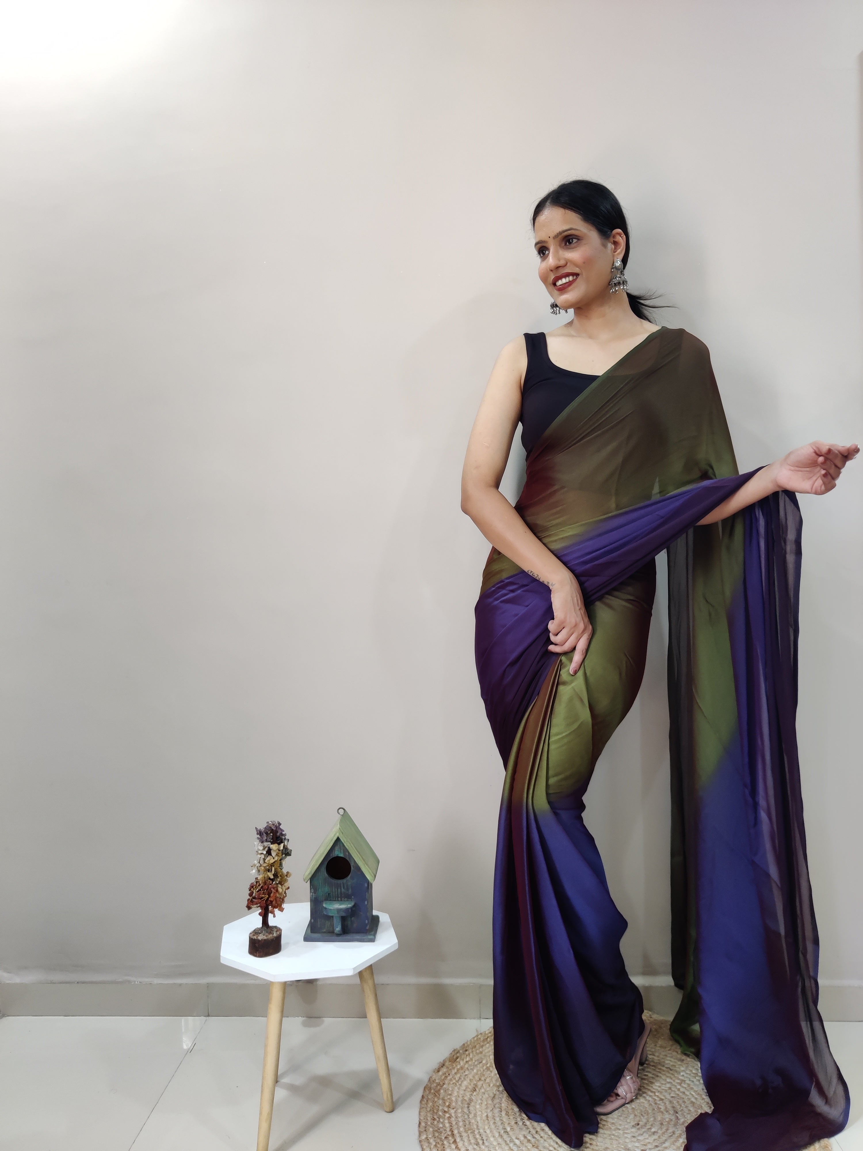 Magnificat 1-Minute Ready-To-Wear Multi-Colour Chiffon Silk Saree | Printed Design with Blouse Piece