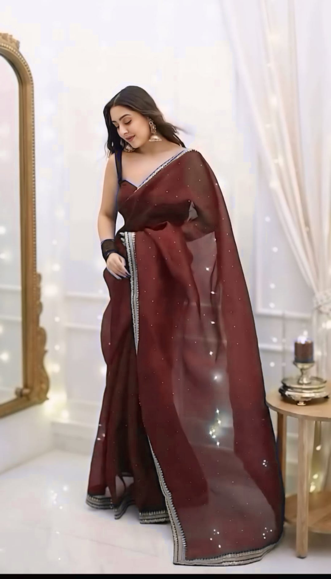 CLOVIRA 1-Minute Ready-to-Wear Organza Silk Saree with Satin Blouse | Embroidery & Siroski Designer Collection