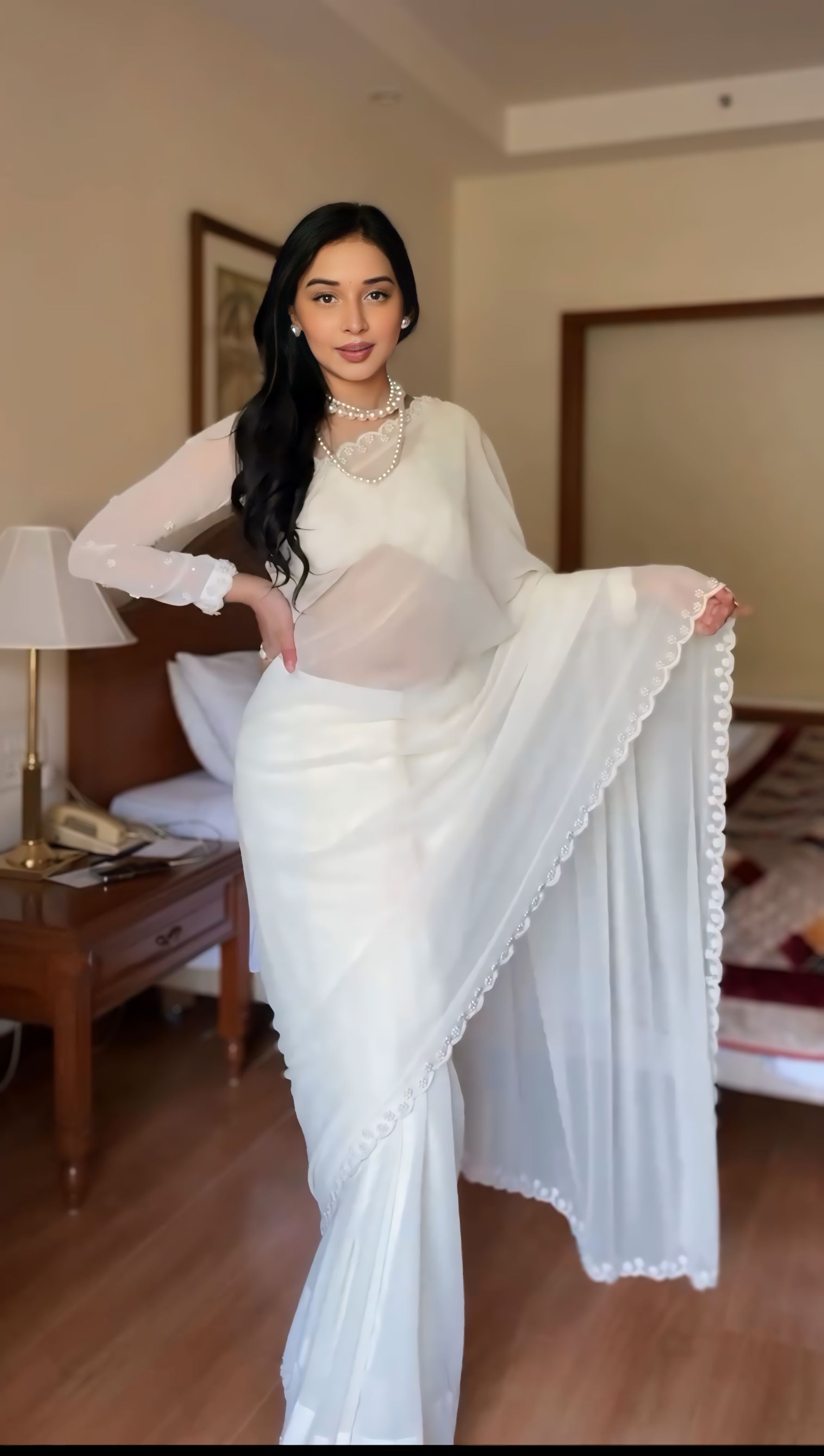 1-Minute Ready-To-Wear Premium Georgette Saree | Handwork & Pearl Detailing with Blouse Piece