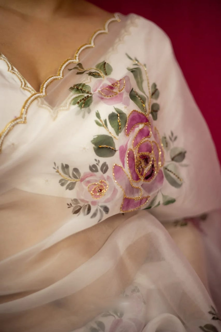 CLOVIRA Ready-to-Wear Tabby Organza Saree with Printed & Handwork Border | Luxurious Designer Collection