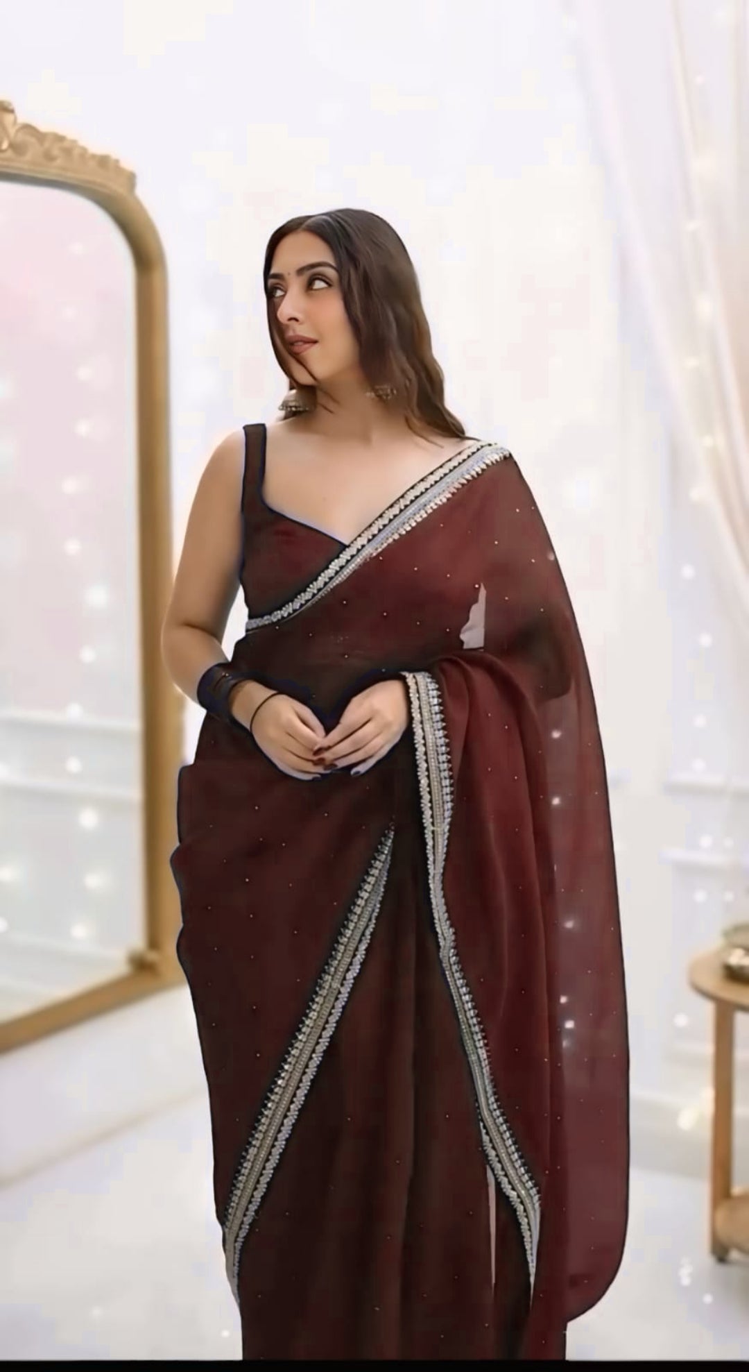 CLOVIRA 1-Minute Ready-to-Wear Organza Silk Saree with Satin Blouse | Embroidery & Siroski Designer Collection