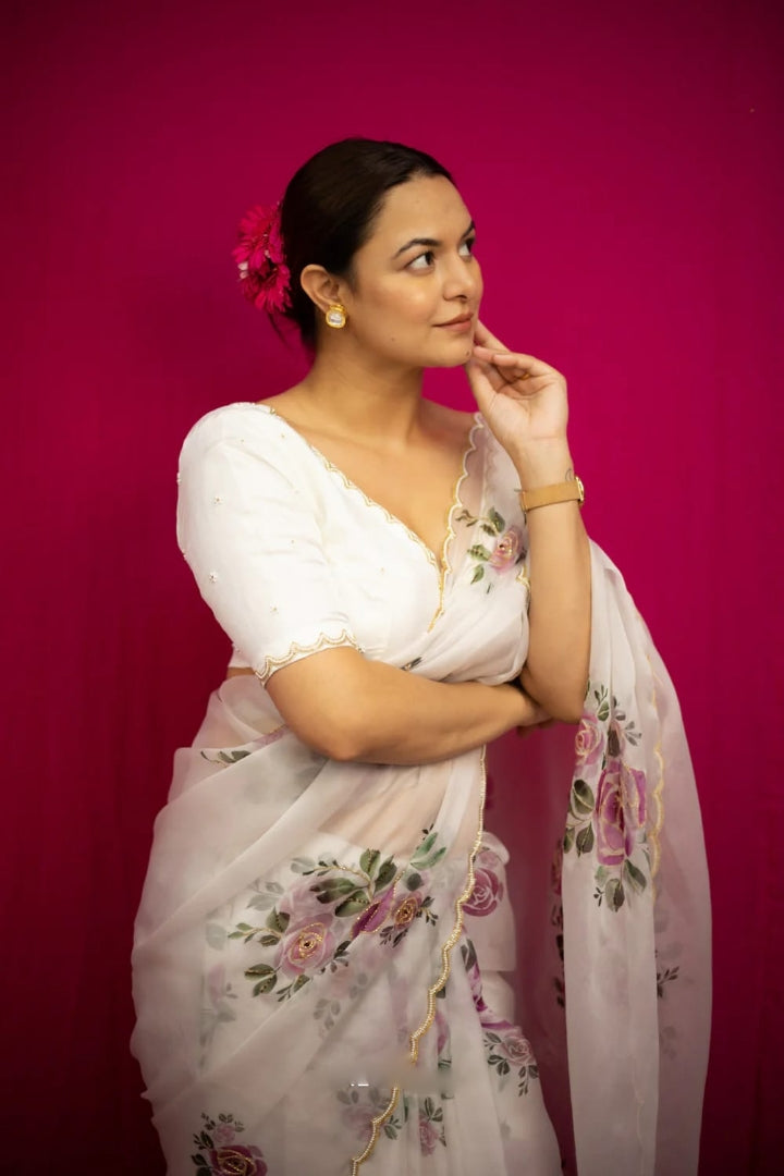 CLOVIRA Ready-to-Wear Tabby Organza Saree with Printed & Handwork Border | Luxurious Designer Collection