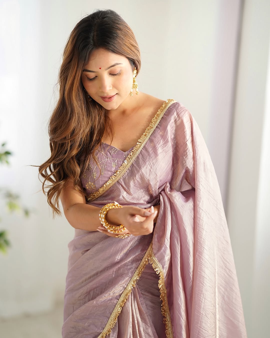CLOVIRA Royal 1-Minute Ready-To-Wear Golden Crush Silk Saree | Elegant Border with Stitched Blouse
