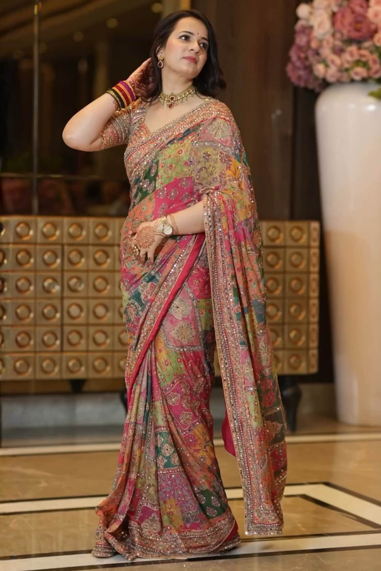 Multicolor Printed Chinon Silk Patchwork Saree with Heavy Mirror Work