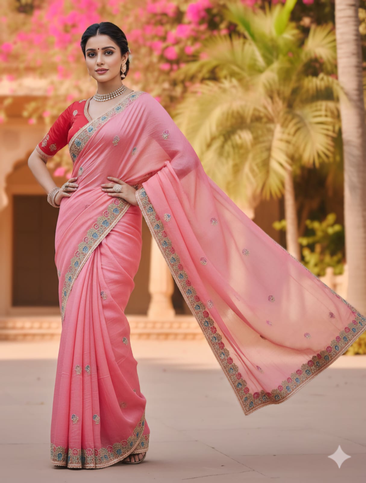 Premium Designer Soft Gold Crush Silk Saree | Multicolor Embroidery Cutwork Border with Stitched Blouse