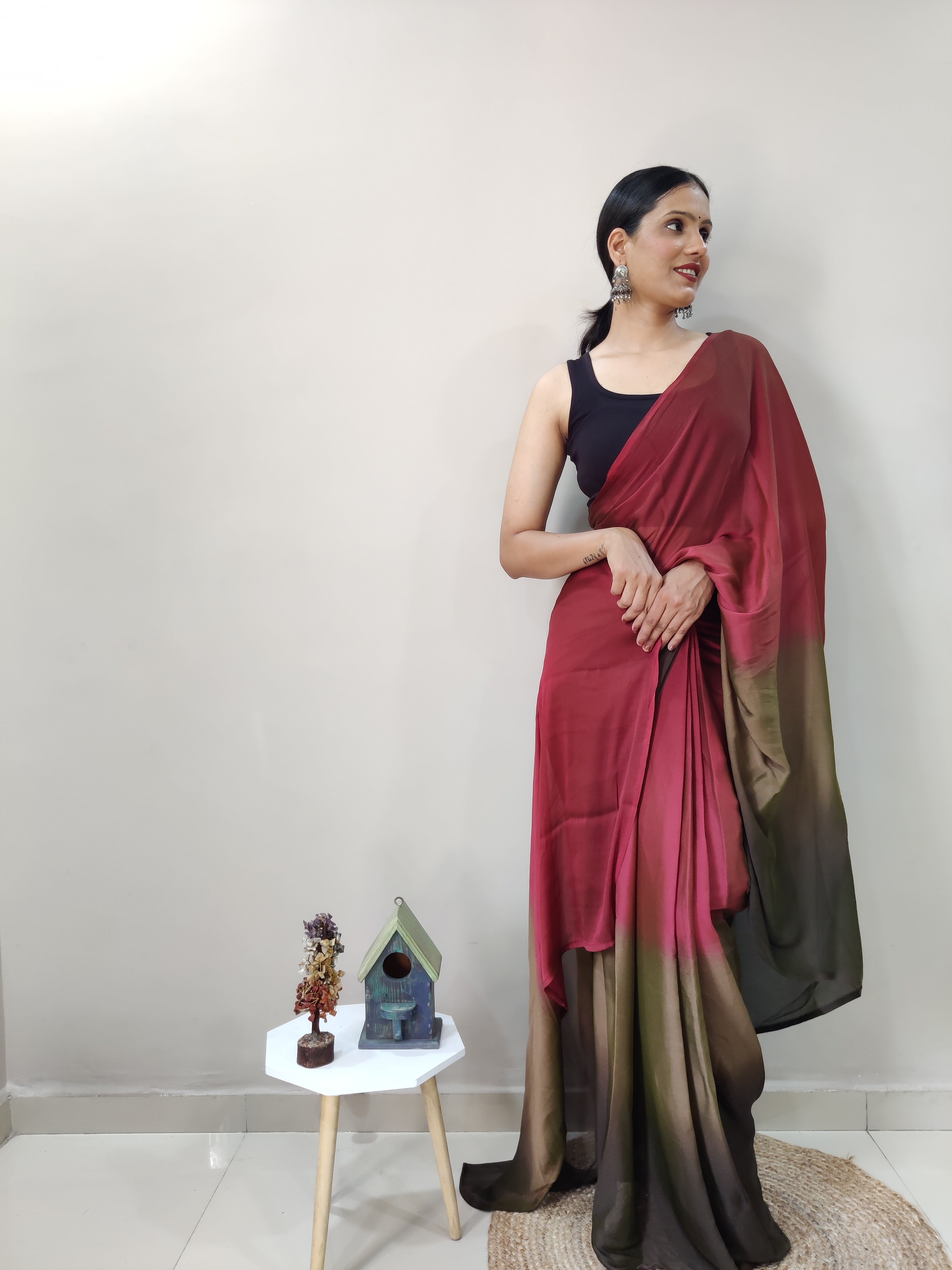 Magnificat 1-Minute Ready-To-Wear Multi-Colour Chiffon Silk Saree | Printed Design with Blouse Piece