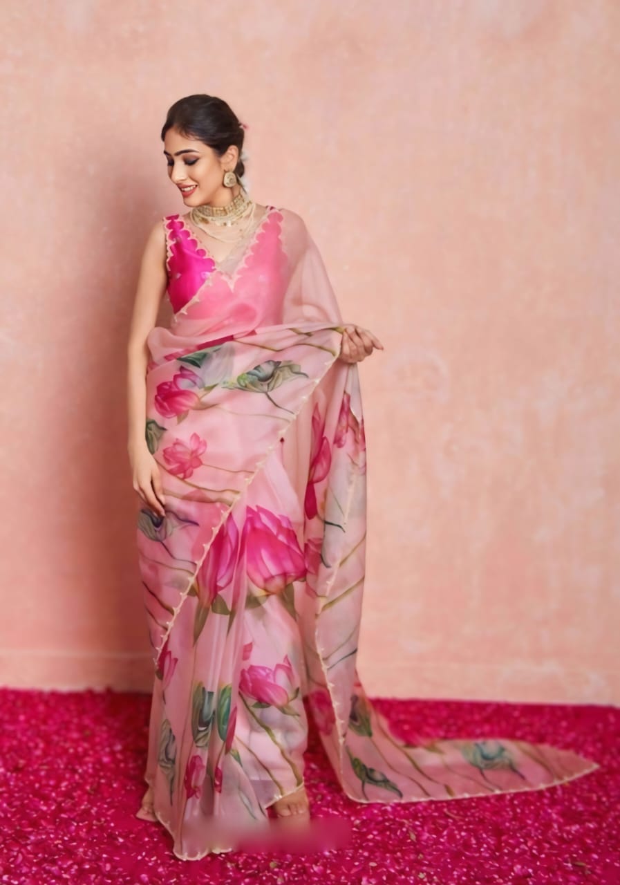 CLOVIRA 1-Minute Ready-to-Wear Tabby Organza Saree with Printed & Handwork Border | Luxurious Designer Collection