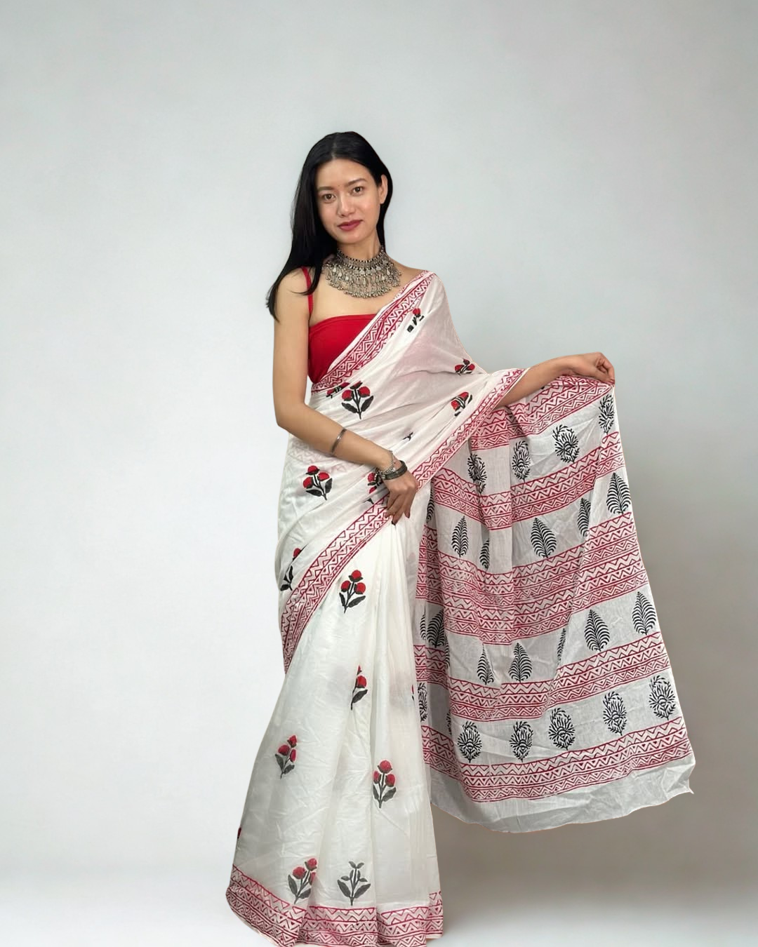 CLOVIRA Pure Soft Mul Cotton Silk Ready-to-Wear Saree with Pocket