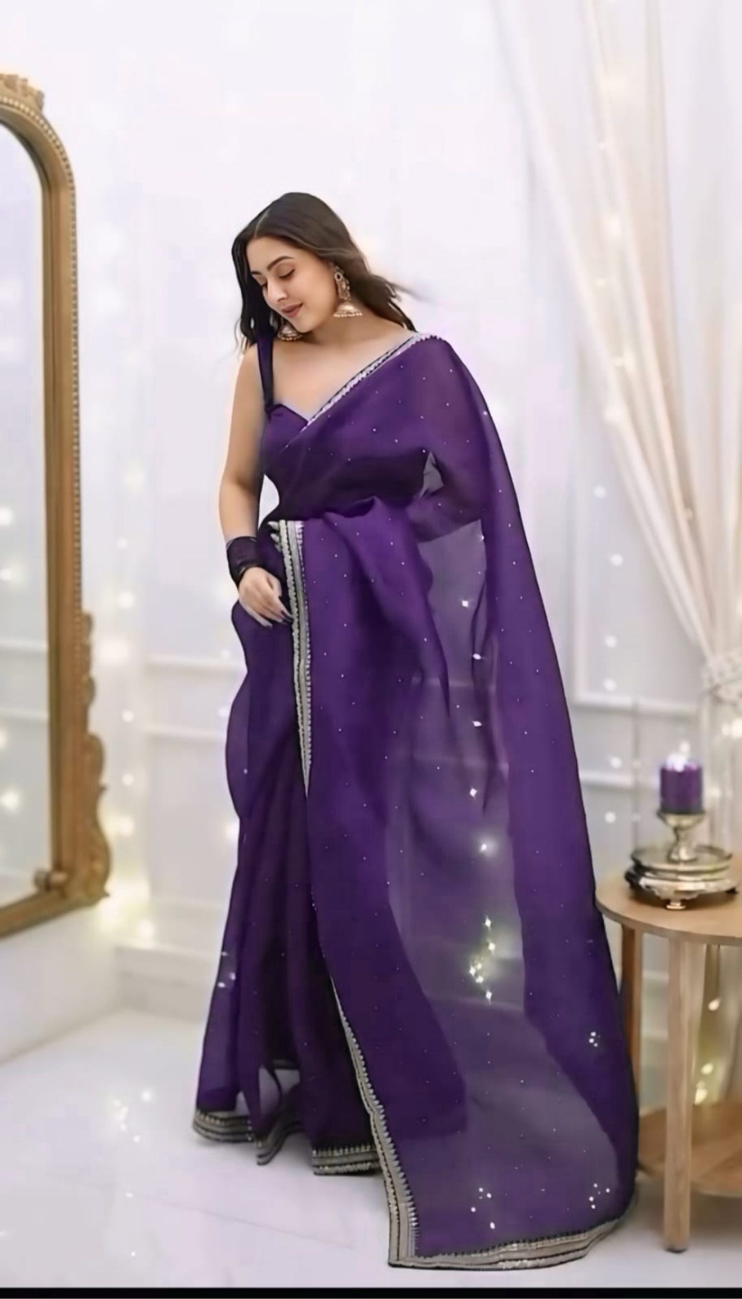 CLOVIRA 1-Minute Ready-to-Wear Organza Silk Saree with Satin Blouse | Embroidery & Siroski Designer Collection