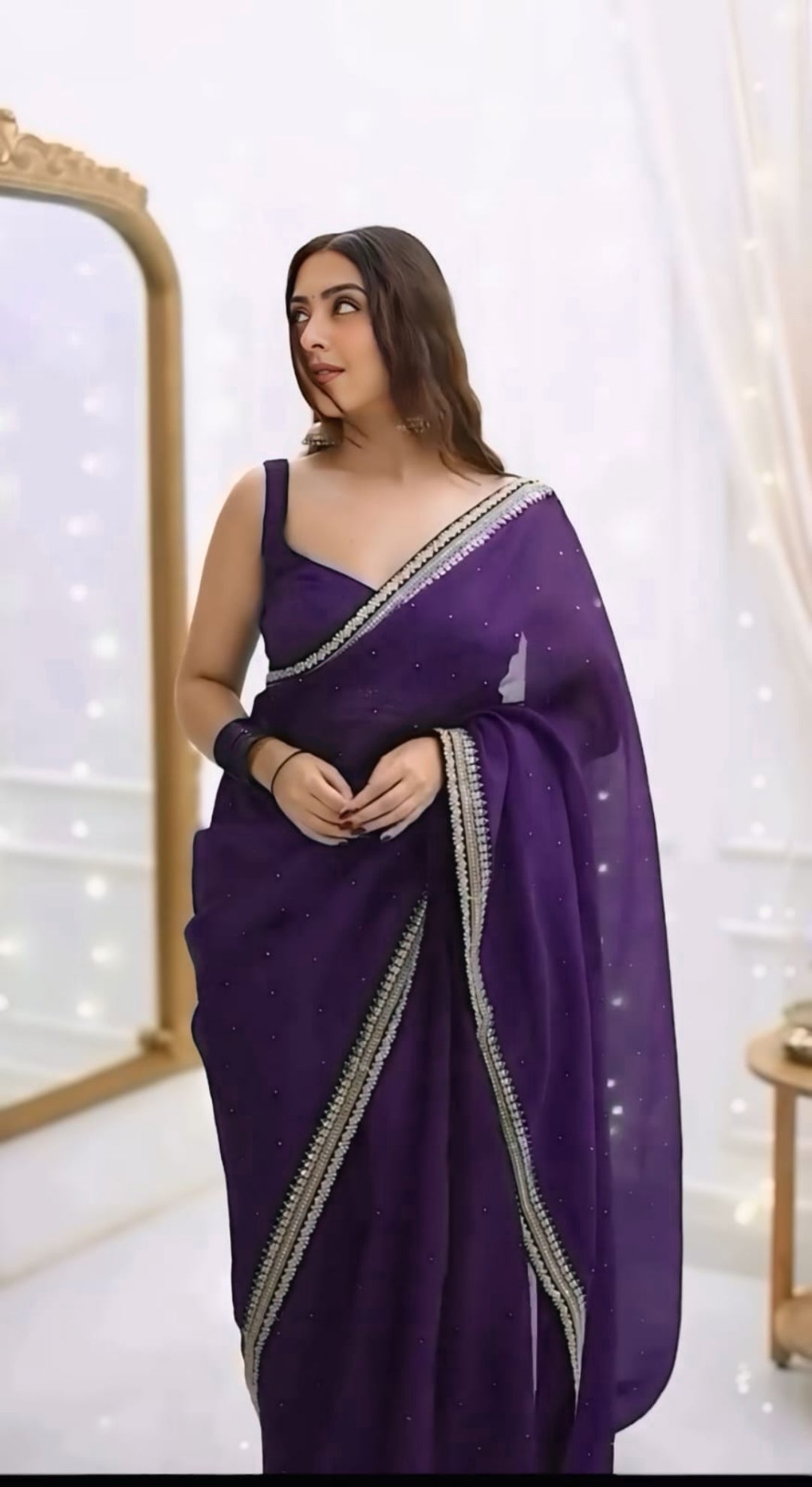 CLOVIRA 1-Minute Ready-to-Wear Organza Silk Saree with Satin Blouse | Embroidery & Siroski Designer Collection