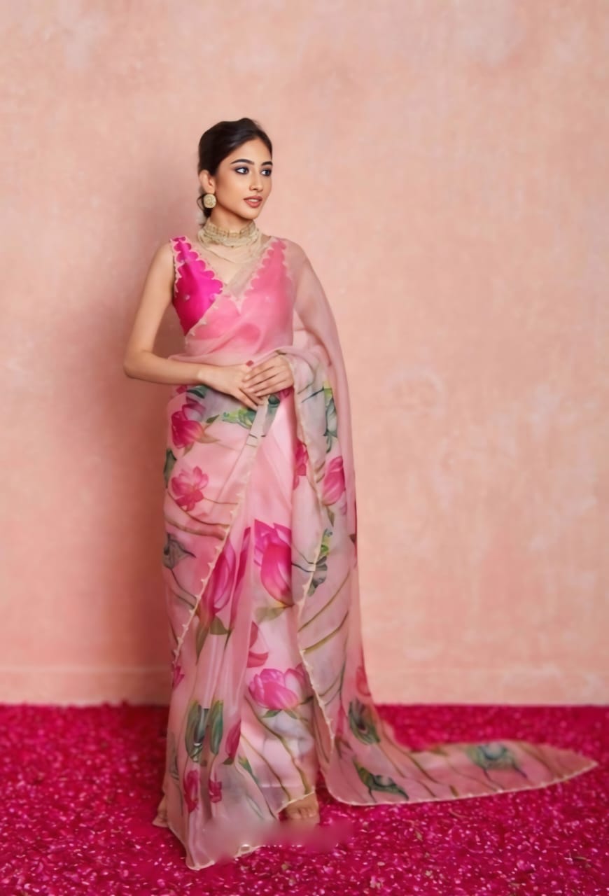CLOVIRA 1-Minute Ready-to-Wear Tabby Organza Saree with Printed & Handwork Border | Luxurious Designer Collection