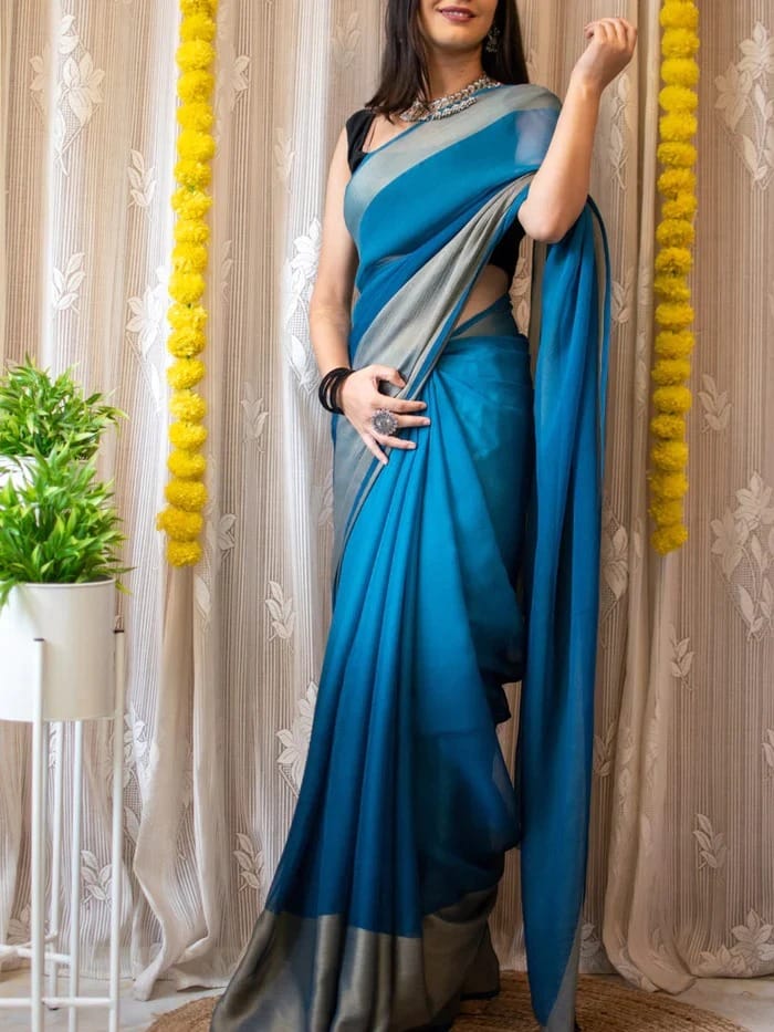 Magnificat 1-Minute Ready-To-Wear Chiffon Saree | Printed Design with Blouse Piece