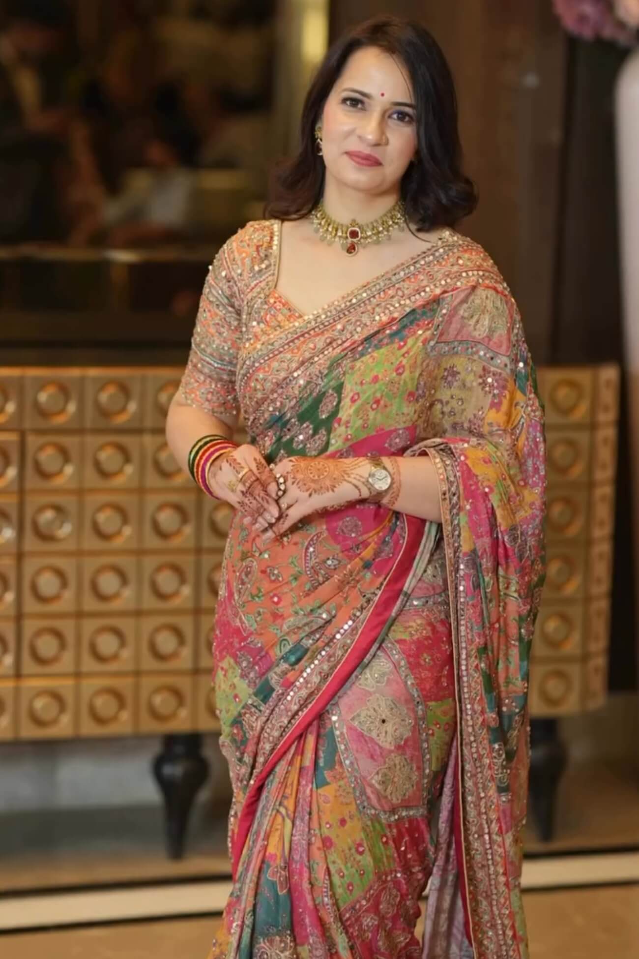 Multicolor Printed Chinon Silk Patchwork Saree with Heavy Mirror Work