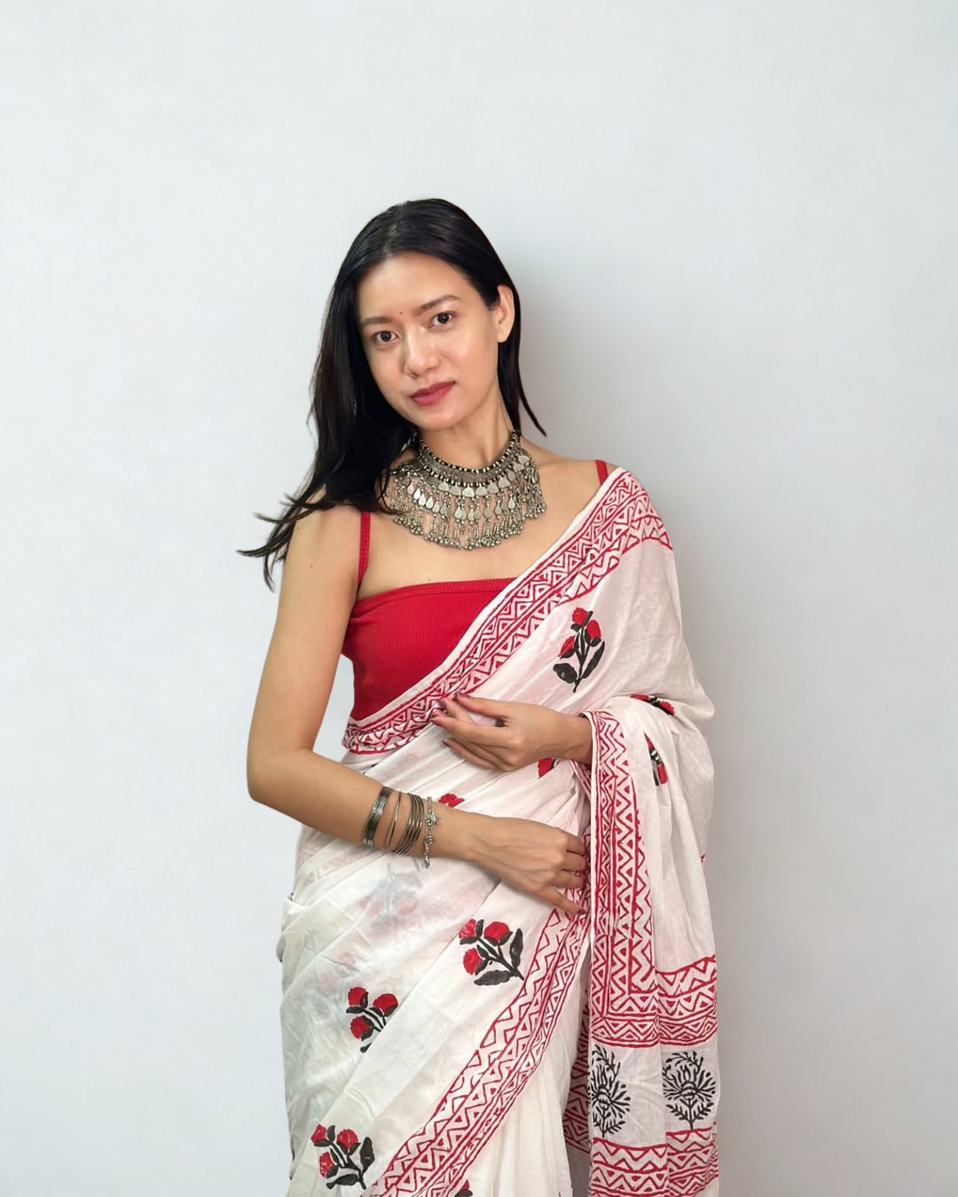 CLOVIRA Pure Soft Mul Cotton Silk Ready-to-Wear Saree with Pocket