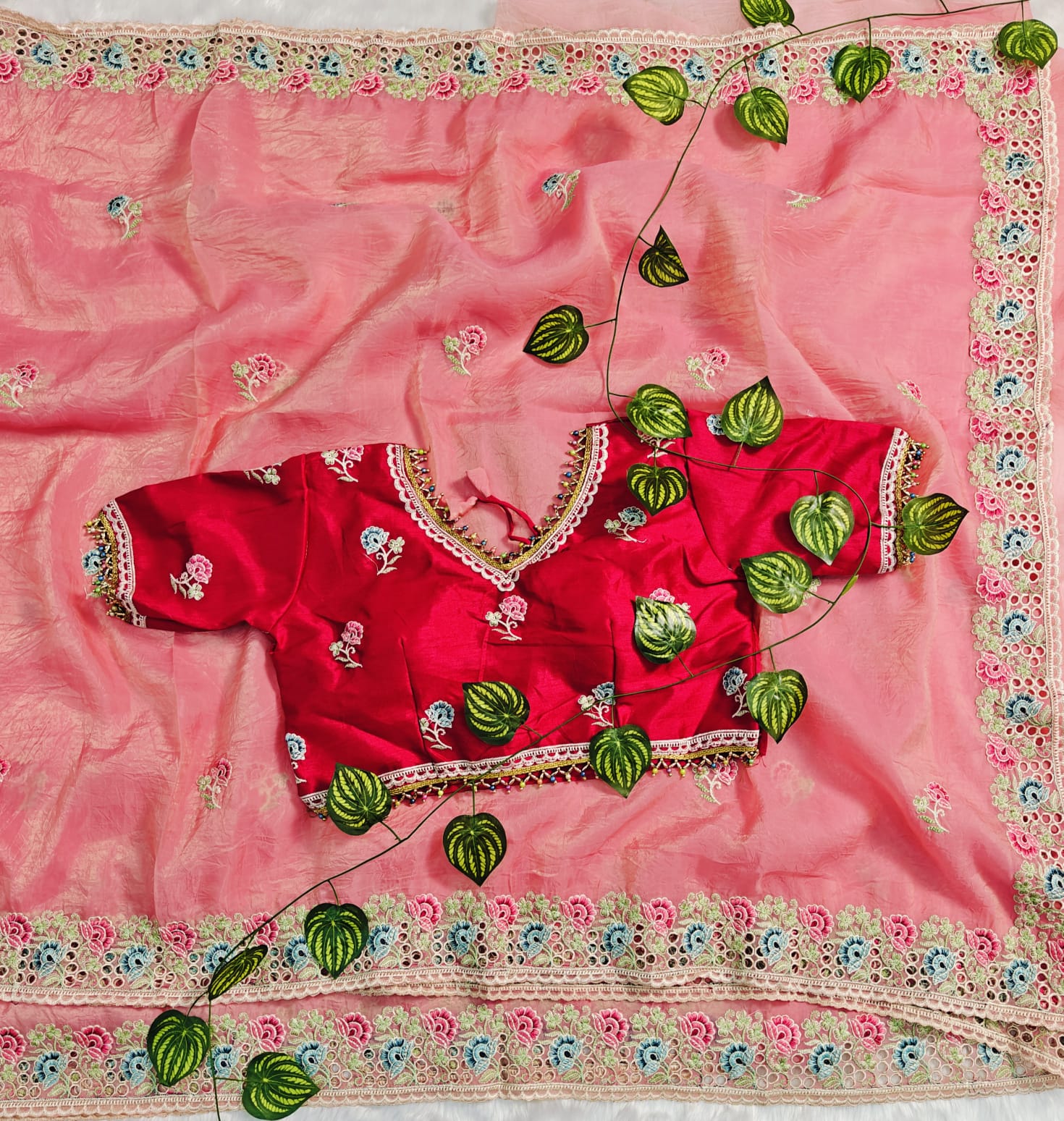 Premium Designer Soft Gold Crush Silk Saree | Multicolor Embroidery Cutwork Border with Stitched Blouse