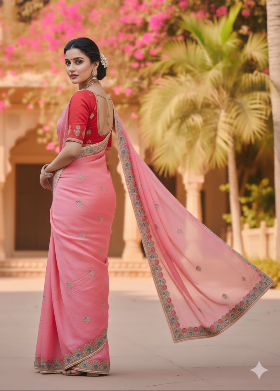 Premium Designer Soft Gold Crush Silk Saree | Multicolor Embroidery Cutwork Border with Stitched Blouse