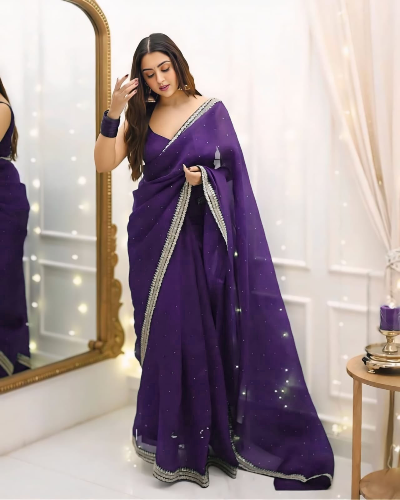 CLOVIRA 1-Minute Ready-to-Wear Organza Silk Saree with Satin Blouse | Embroidery & Siroski Designer Collection
