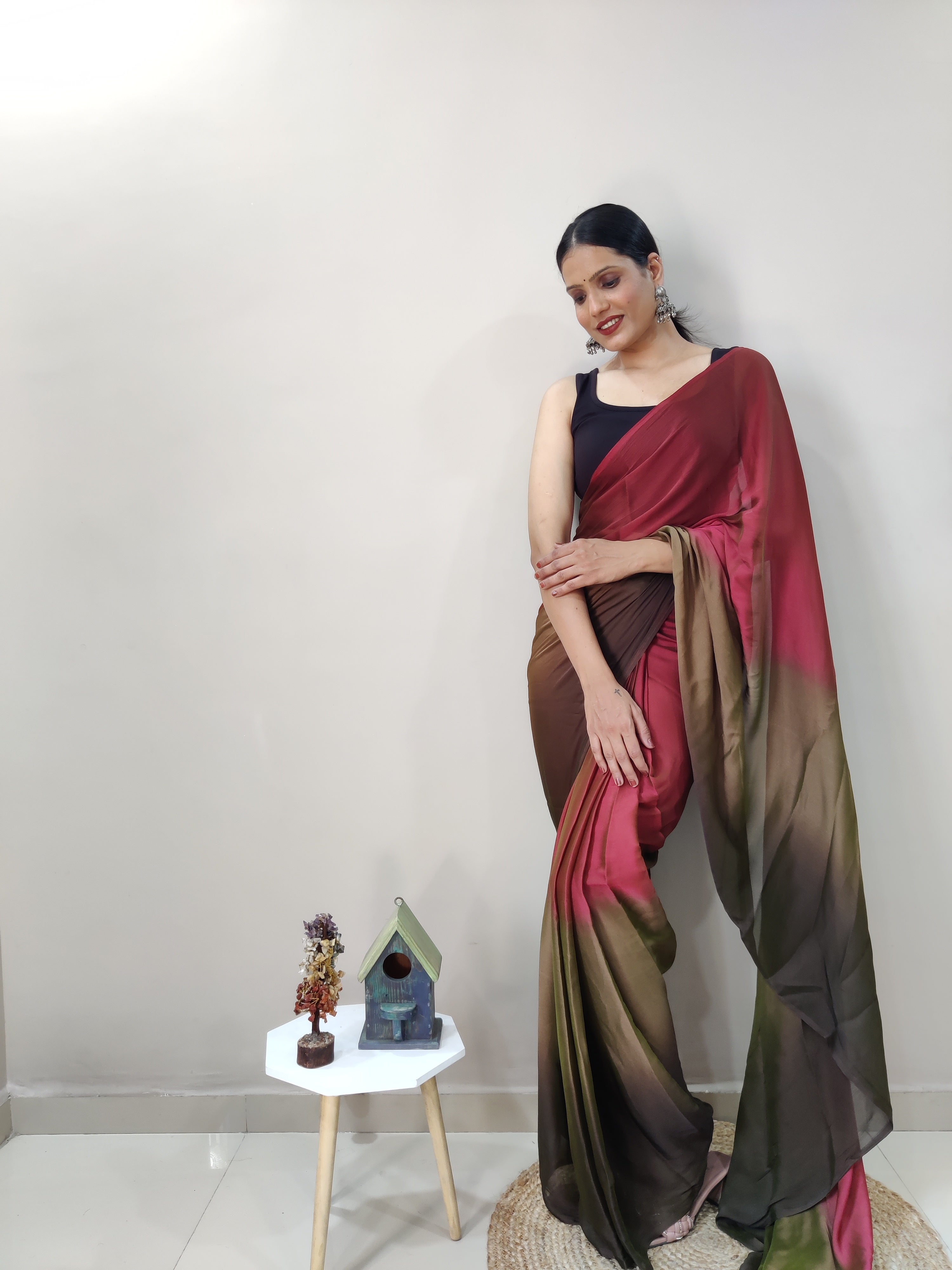 Magnificat 1-Minute Ready-To-Wear Multi-Colour Chiffon Silk Saree | Printed Design with Blouse Piece