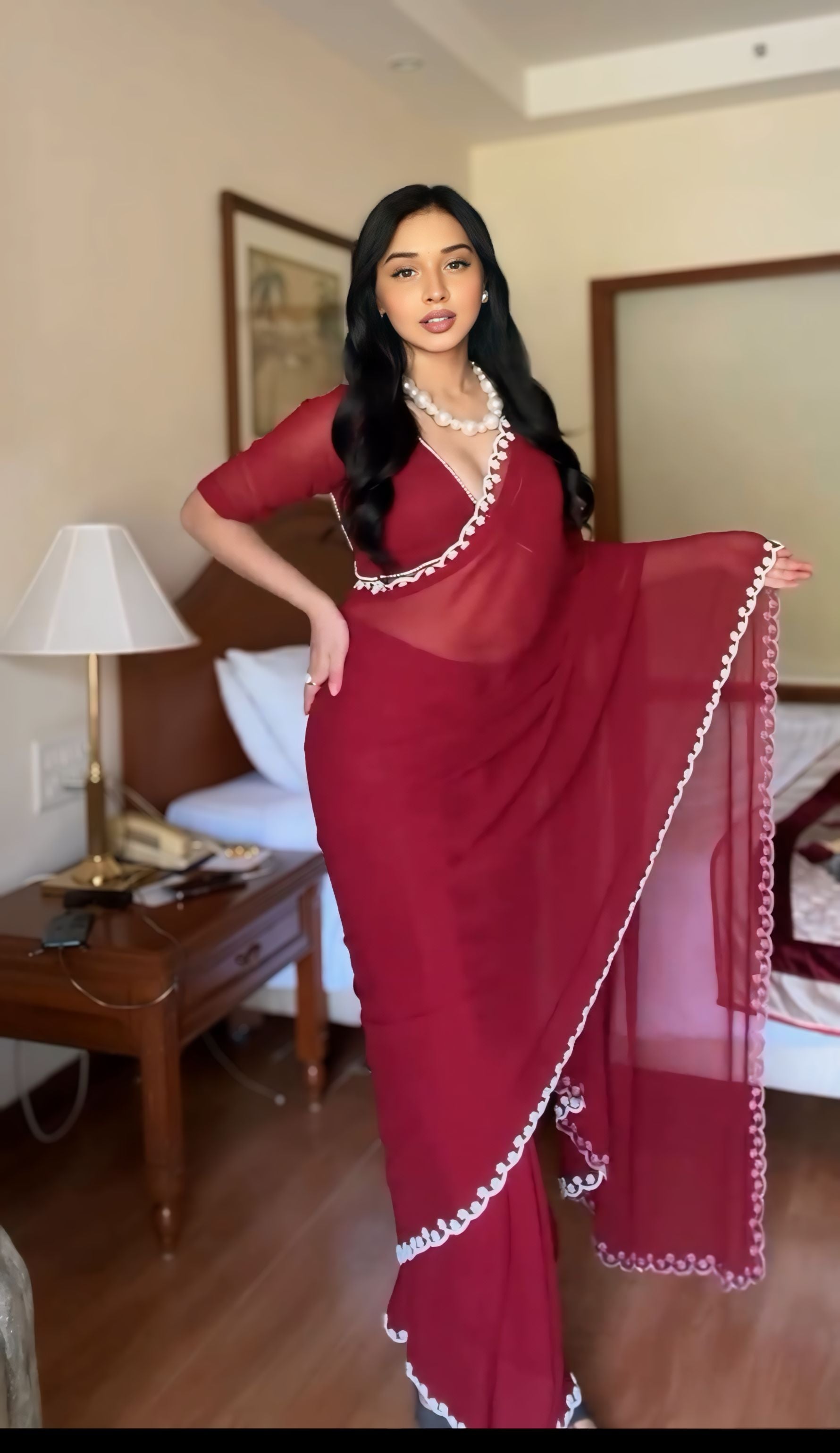 1-Minute Ready-To-Wear Premium Georgette Saree | Handwork & Pearl Detailing with Blouse Piece