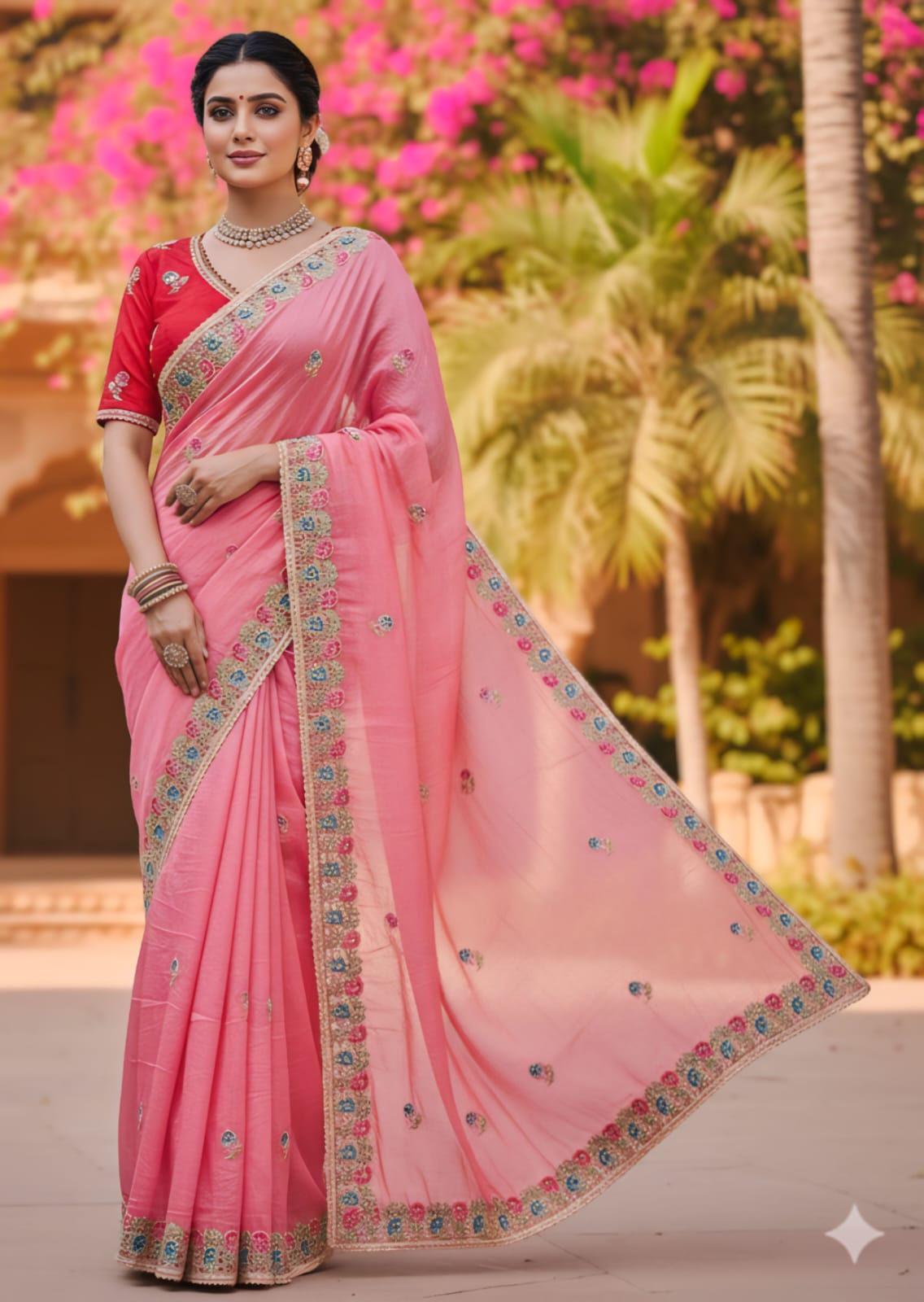 Premium Designer Soft Gold Crush Silk Saree | Multicolor Embroidery Cutwork Border with Stitched Blouse