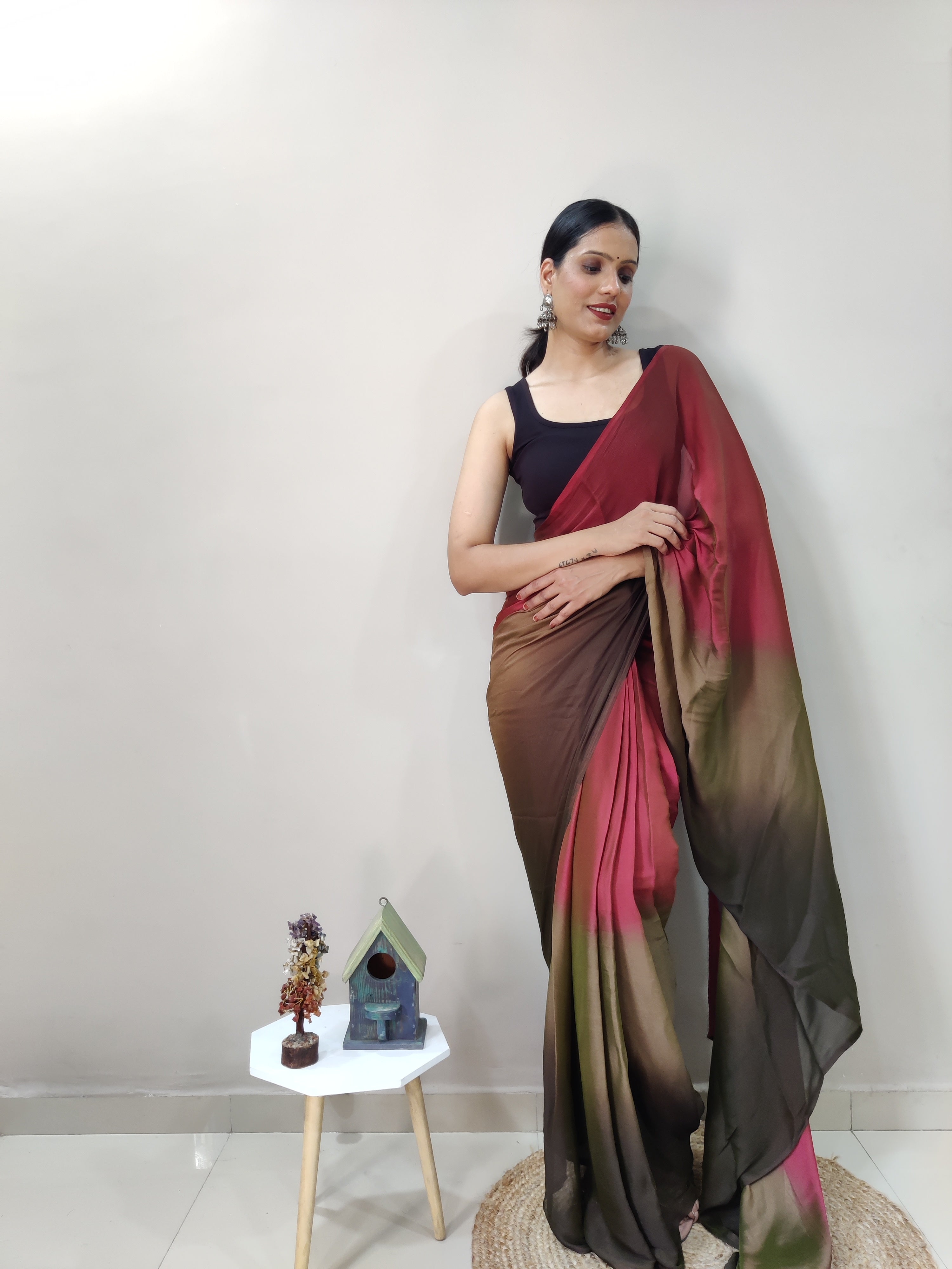 Magnificat 1-Minute Ready-To-Wear Multi-Colour Chiffon Silk Saree | Printed Design with Blouse Piece