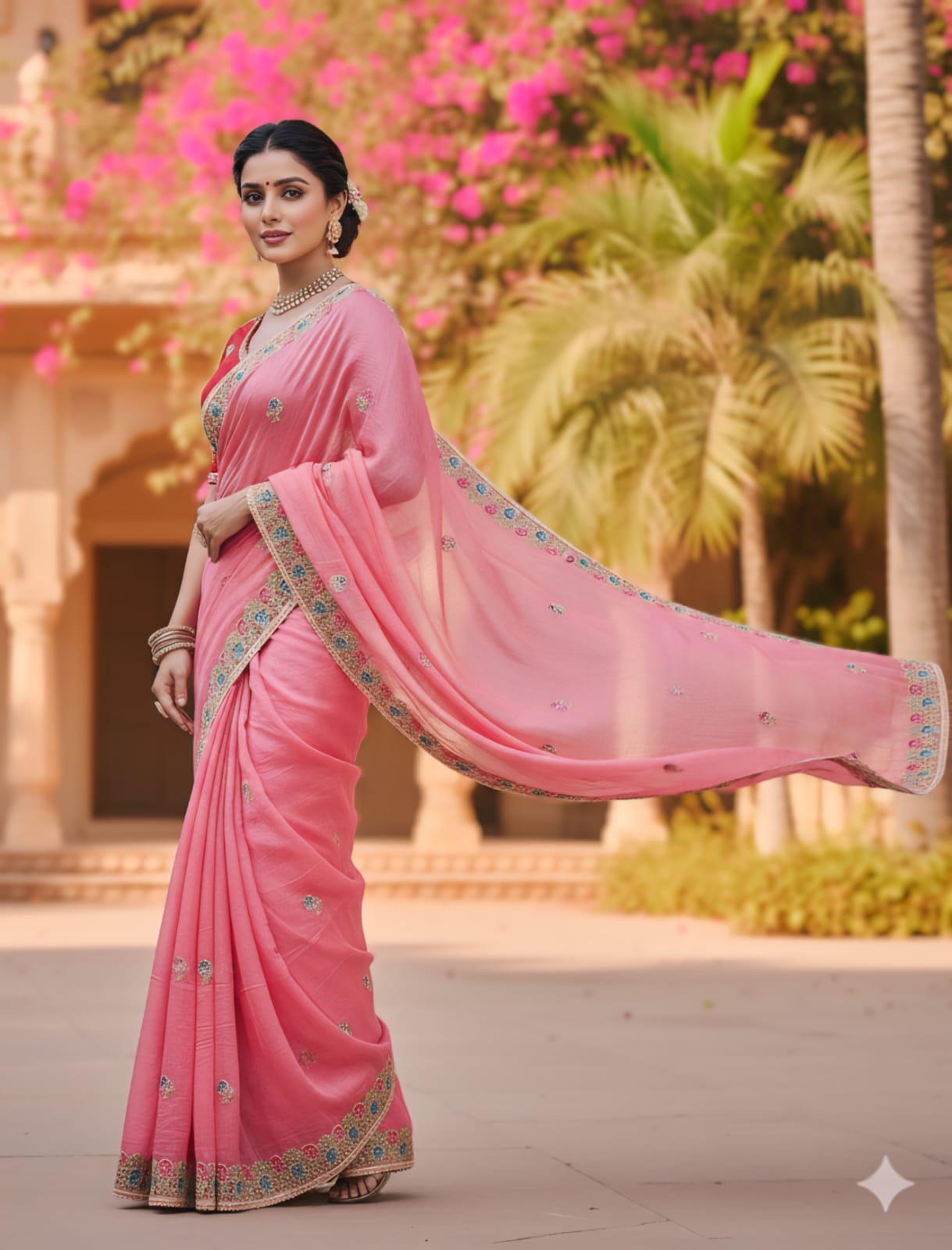 Premium Designer Soft Gold Crush Silk Saree | Multicolor Embroidery Cutwork Border with Stitched Blouse