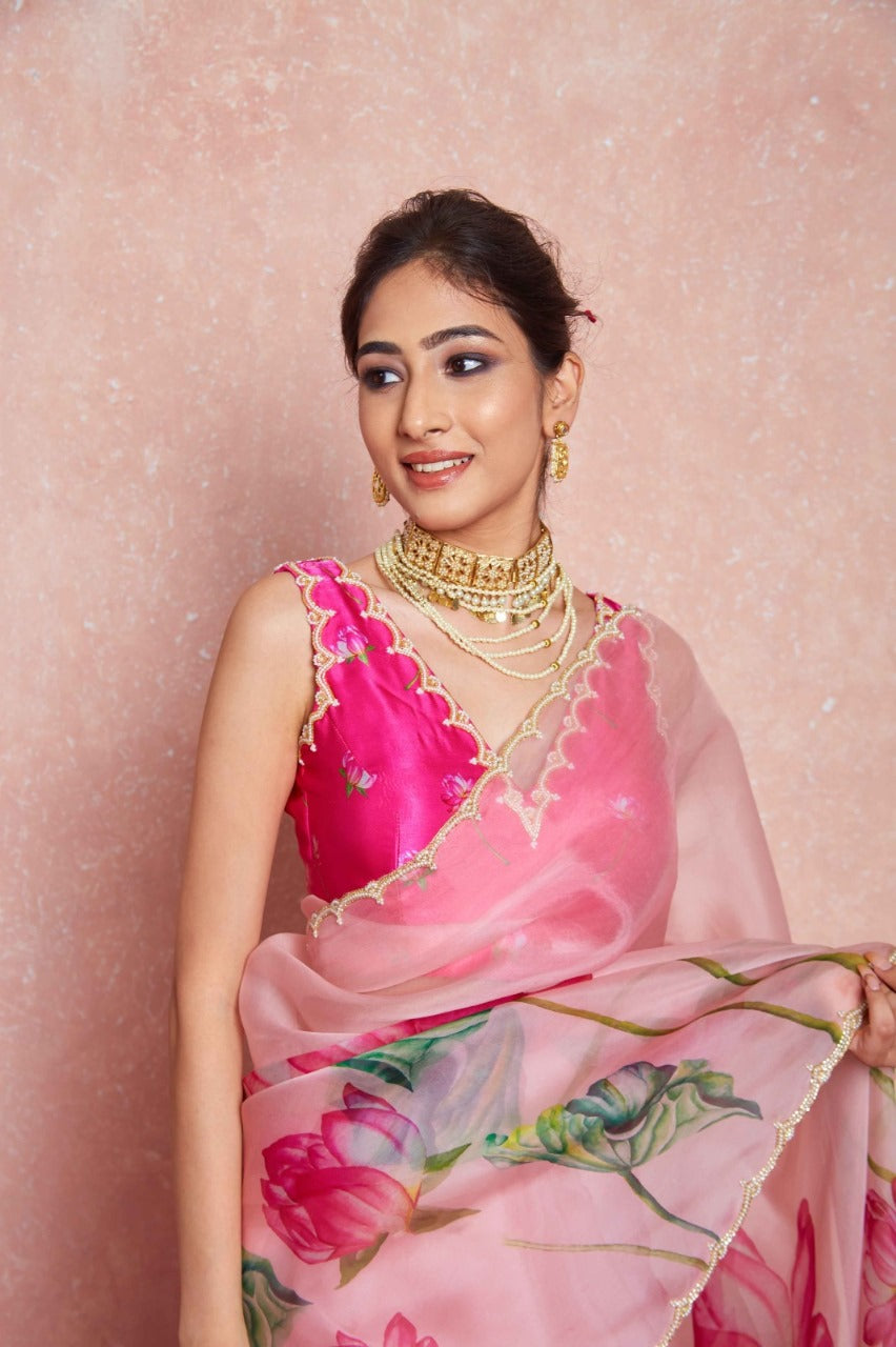 CLOVIRA 1-Minute Ready-to-Wear Tabby Organza Saree with Printed & Handwork Border | Luxurious Designer Collection