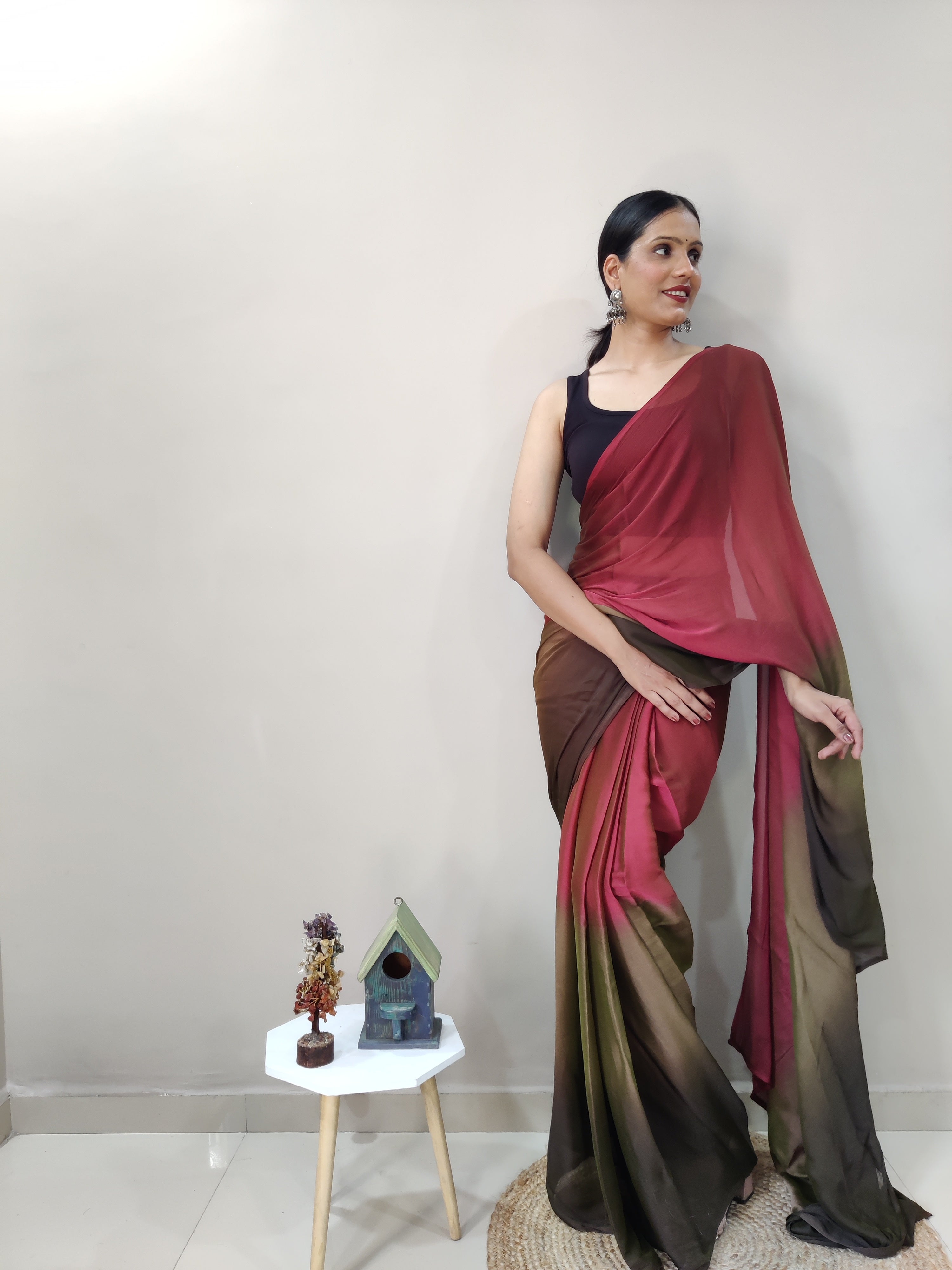 Magnificat 1-Minute Ready-To-Wear Multi-Colour Chiffon Silk Saree | Printed Design with Blouse Piece