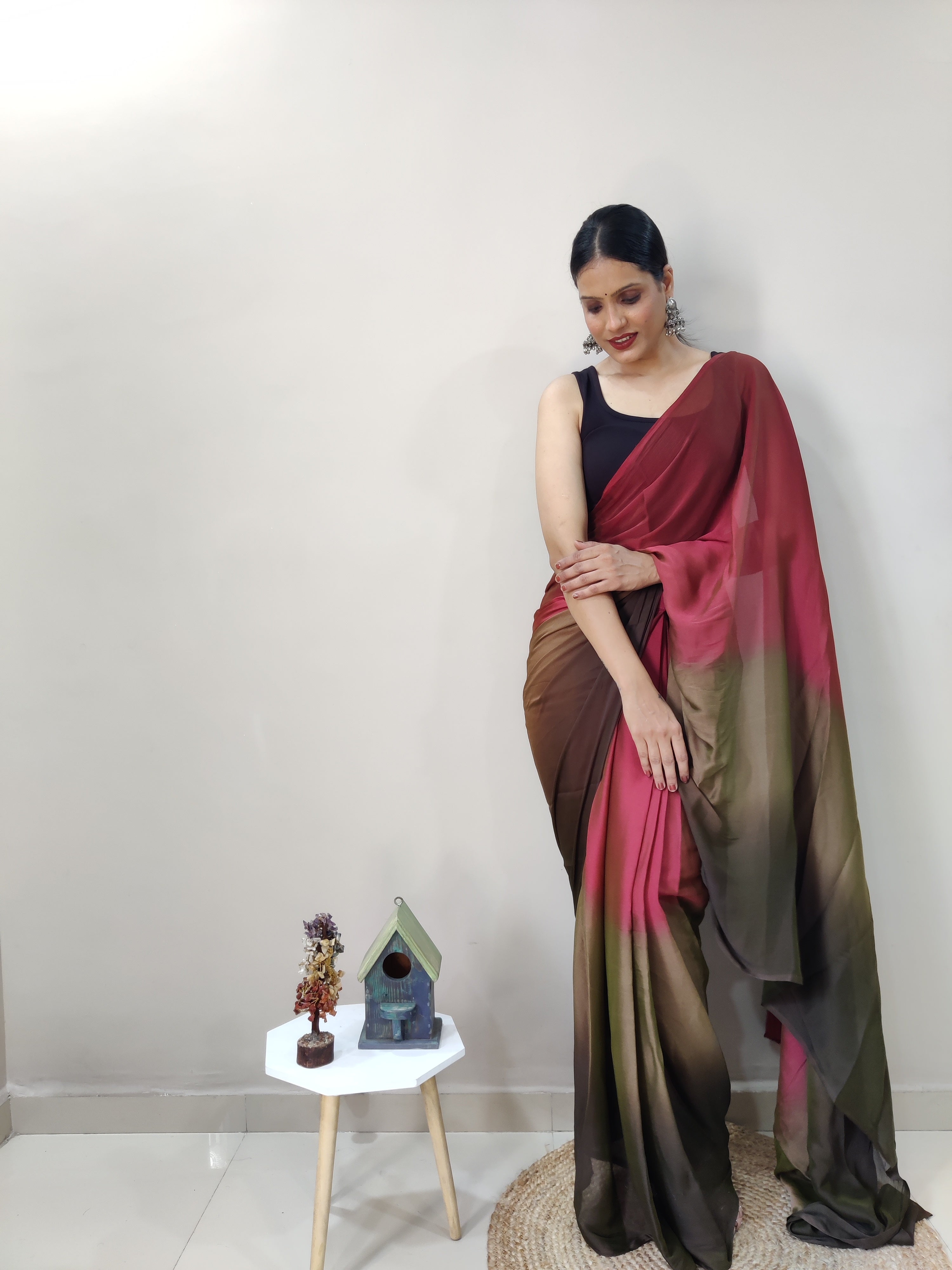 Magnificat 1-Minute Ready-To-Wear Multi-Colour Chiffon Silk Saree | Printed Design with Blouse Piece