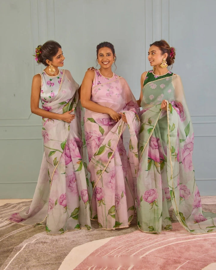 CLOVIRA Tabby Organza Ready-to-Wear Saree with Stitched Blouse | Elegant Designer Party Wear Collection