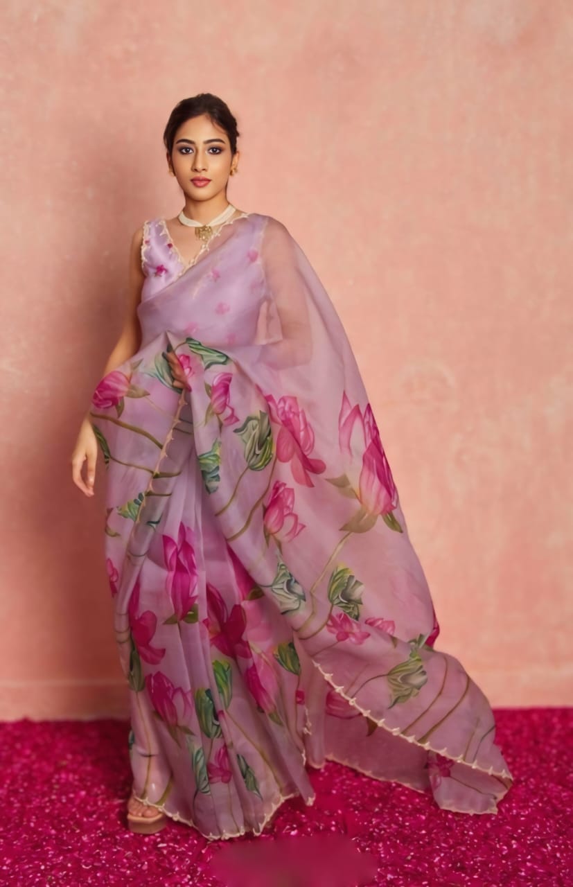 CLOVIRA 1-Minute Ready-to-Wear Tabby Organza Saree with Printed & Handwork Border | Luxurious Designer Collection