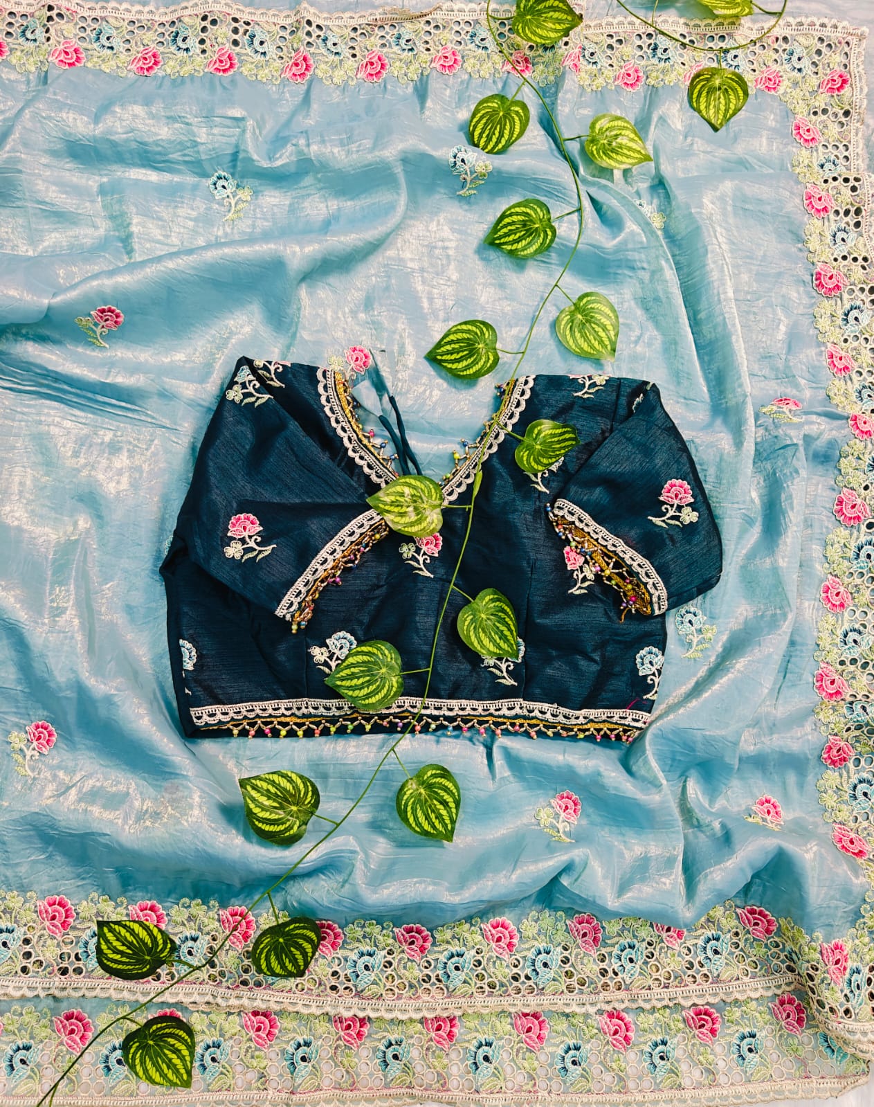 Premium Designer Soft Gold Crush Silk Saree | Multicolor Embroidery Cutwork Border with Stitched Blouse