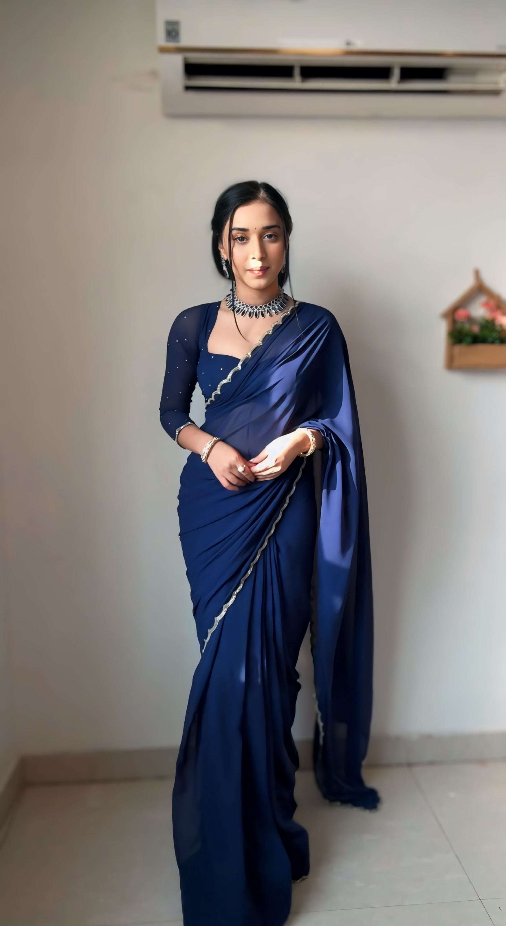 CLOVIRA Elegant Georgette Ready-to-Wear Saree with Handwork Border & Stitched Blouse | Effortless Designer Draping Collection