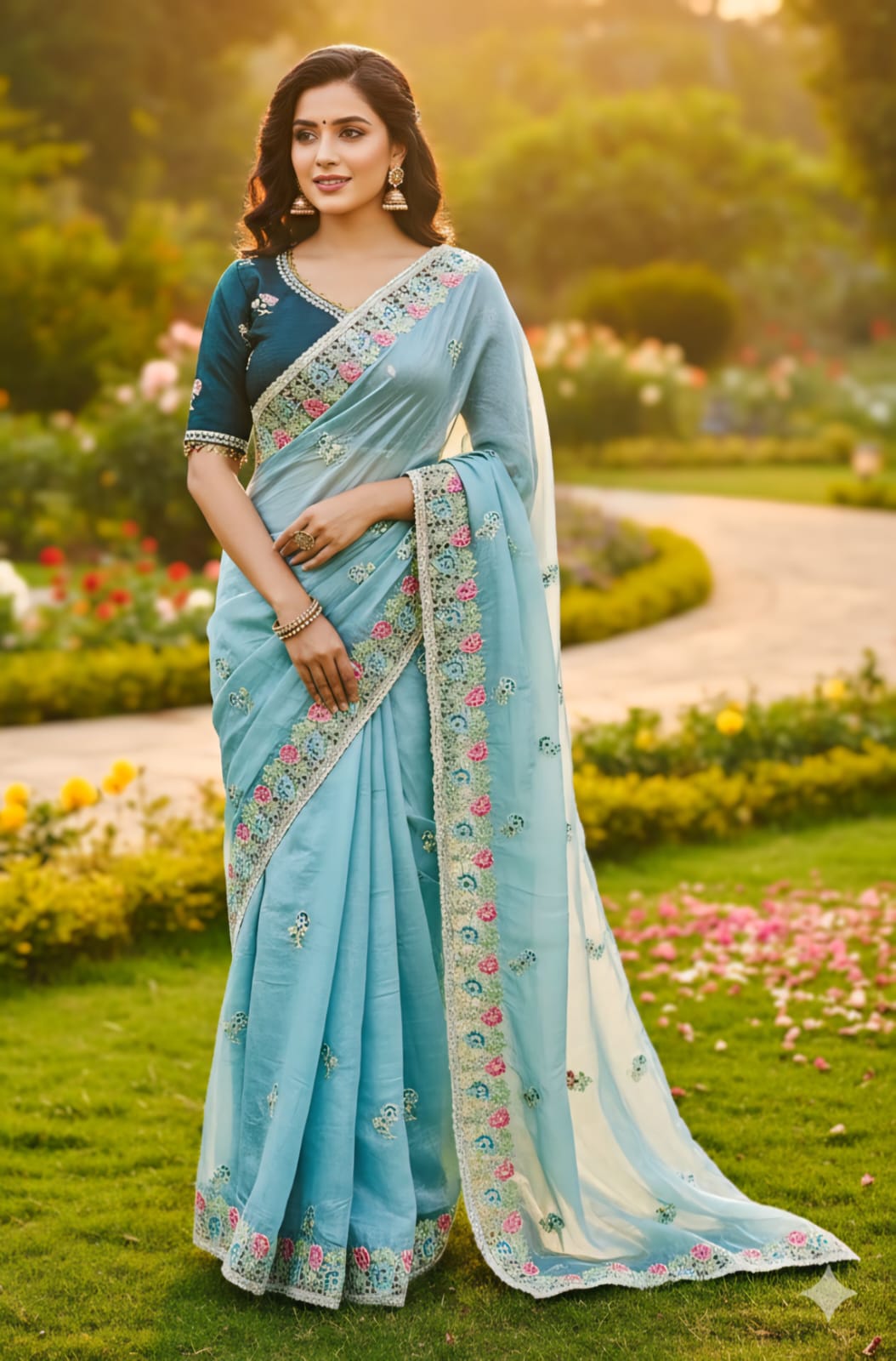 Premium Designer Soft Gold Crush Silk Saree | Multicolor Embroidery Cutwork Border with Stitched Blouse