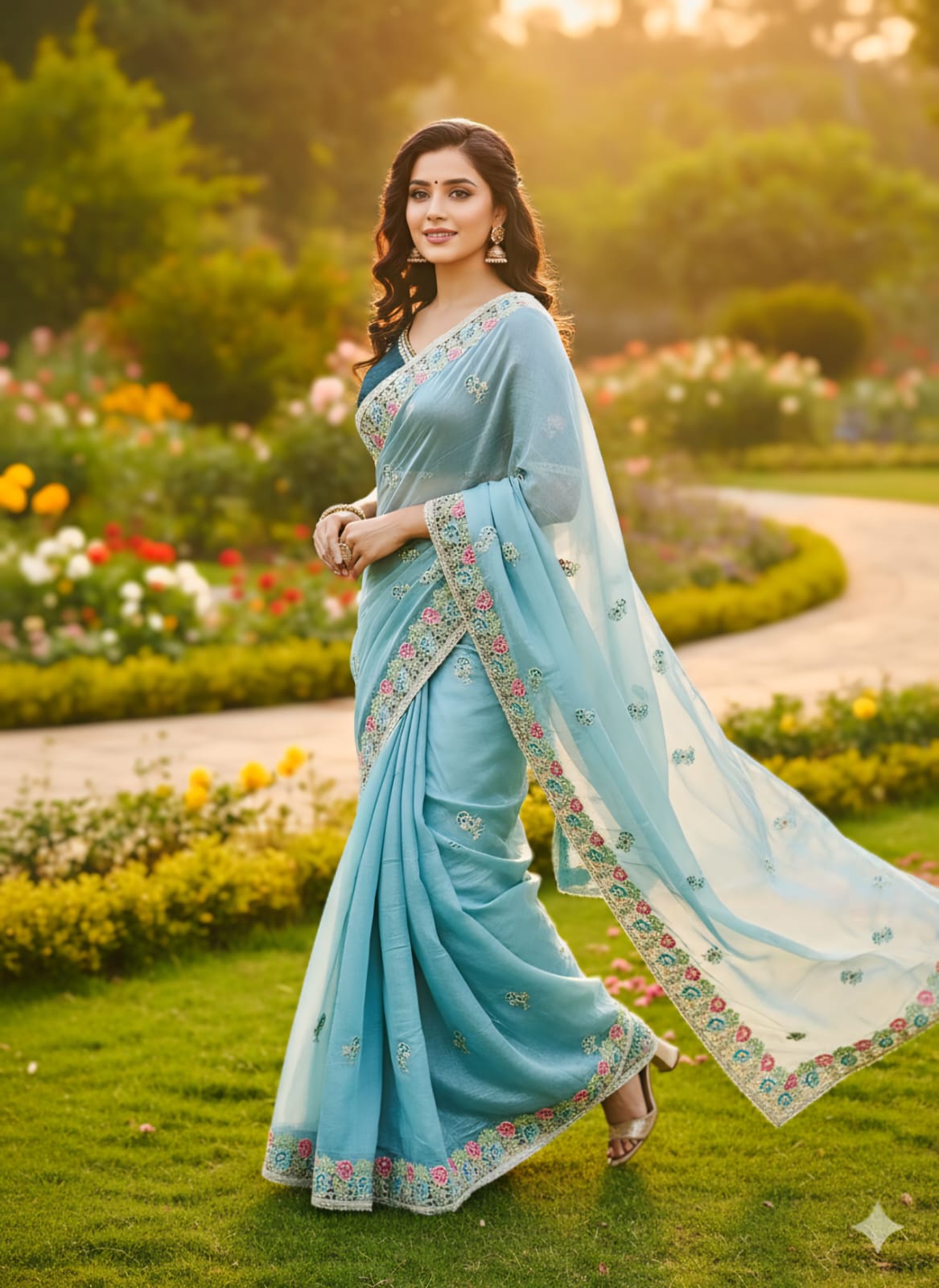 Premium Designer Soft Gold Crush Silk Saree | Multicolor Embroidery Cutwork Border with Stitched Blouse