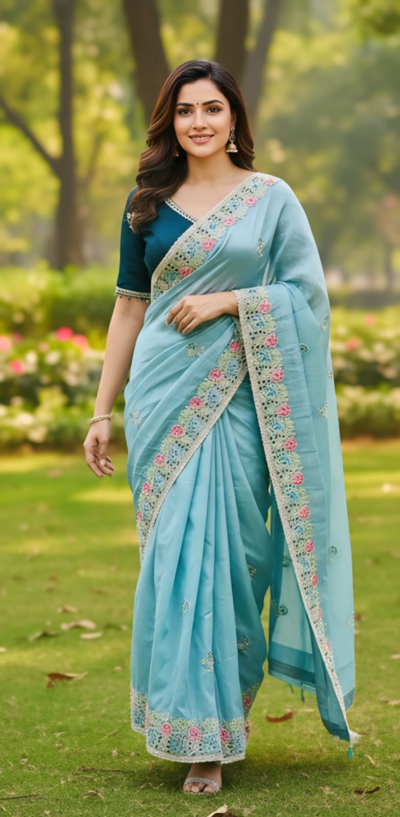 Premium Designer Soft Gold Crush Silk Saree | Multicolor Embroidery Cutwork Border with Stitched Blouse