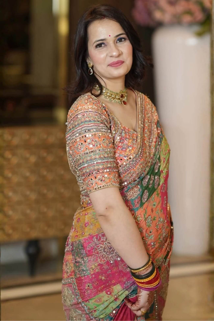 Multicolor Printed Chinon Silk Patchwork Saree with Heavy Mirror Work