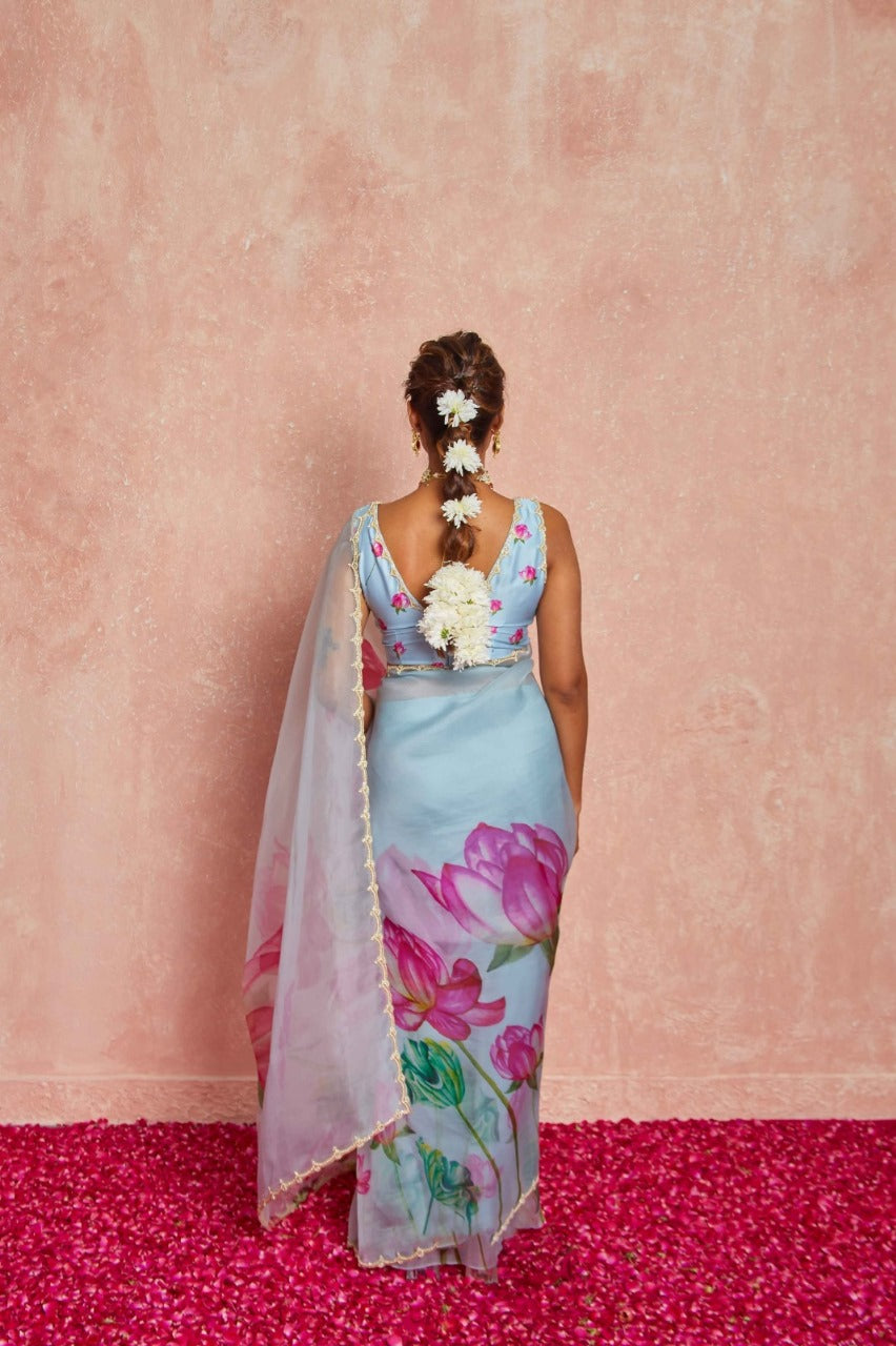 CLOVIRA 1-Minute Ready-to-Wear Tabby Organza Saree with Printed & Handwork Border | Luxurious Designer Collection