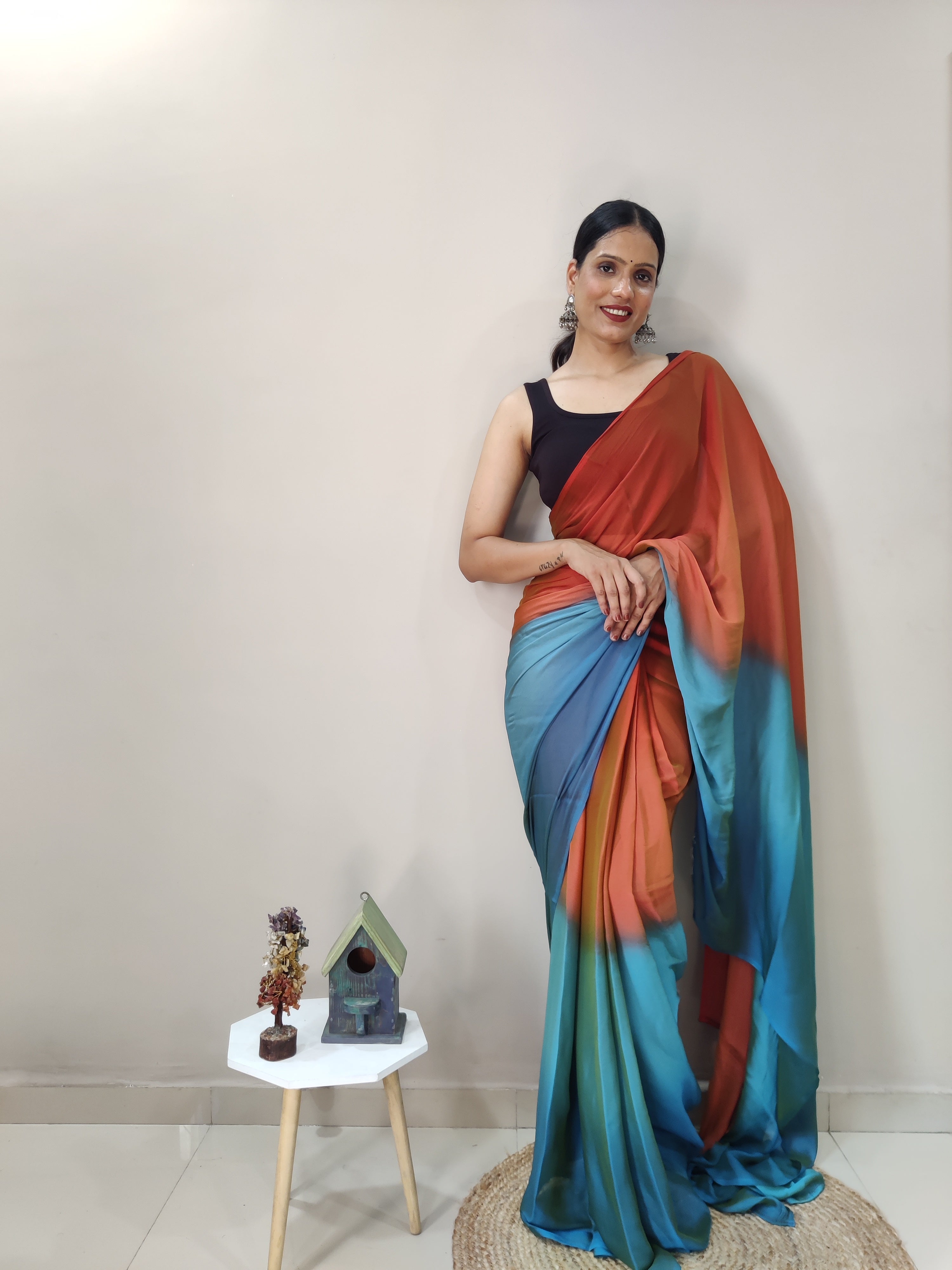 Magnificat 1-Minute Ready-To-Wear Multi-Colour Chiffon Silk Saree | Printed Design with Blouse Piece