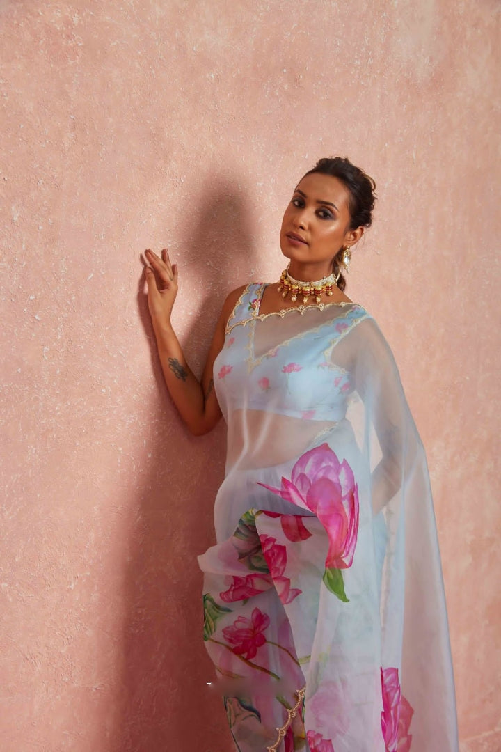 CLOVIRA 1-Minute Ready-to-Wear Tabby Organza Saree with Printed & Handwork Border | Luxurious Designer Collection