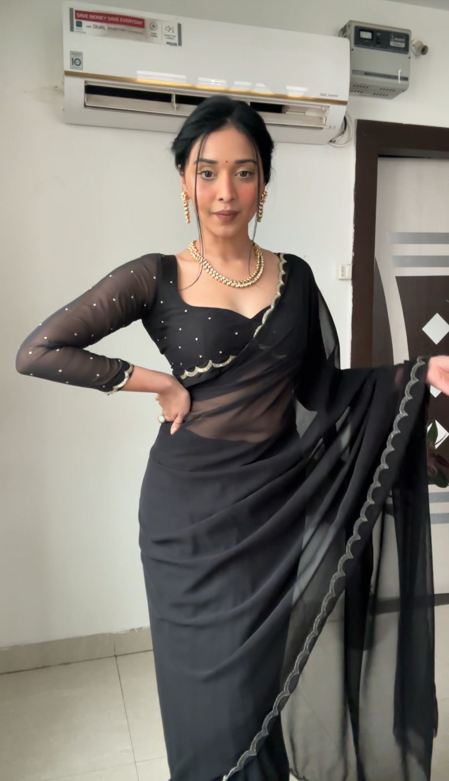 CLOVIRA Elegant Georgette Ready-to-Wear Saree with Handwork Border & Stitched Blouse | Effortless Designer Draping Collection