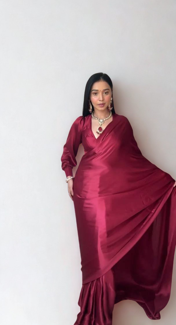 CLOVIRA Pure Satin Silk Ready-to-Wear Saree