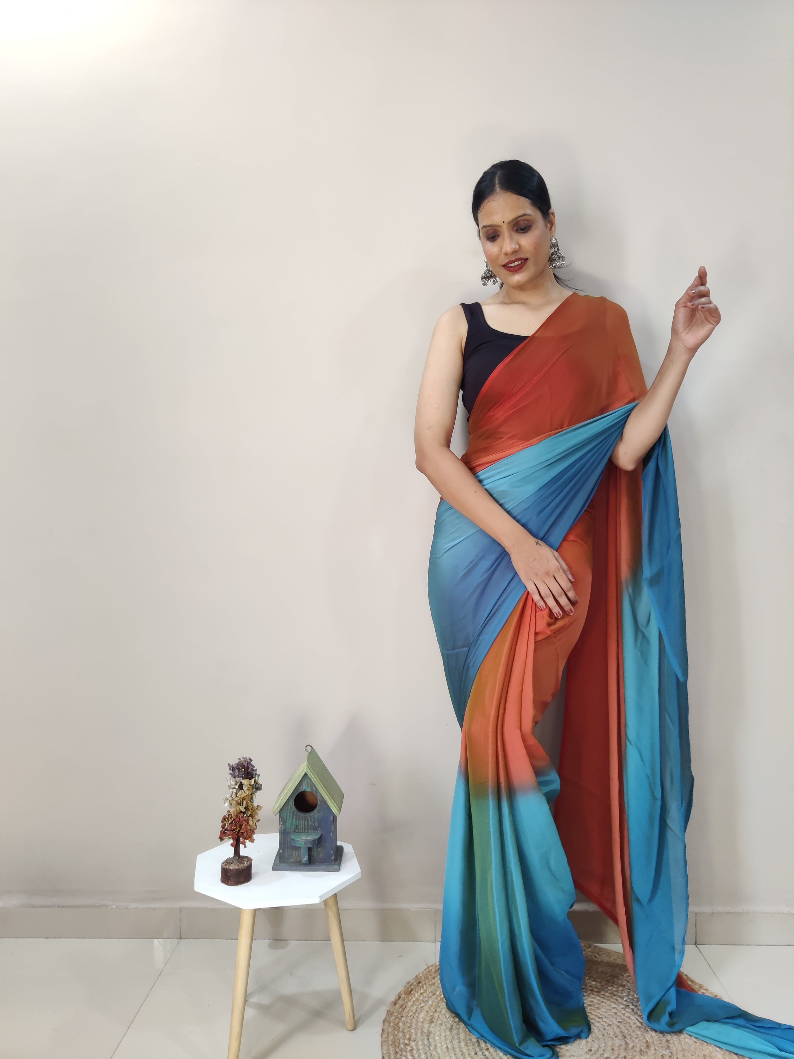 Magnificat 1-Minute Ready-To-Wear Multi-Colour Chiffon Silk Saree | Printed Design with Blouse Piece