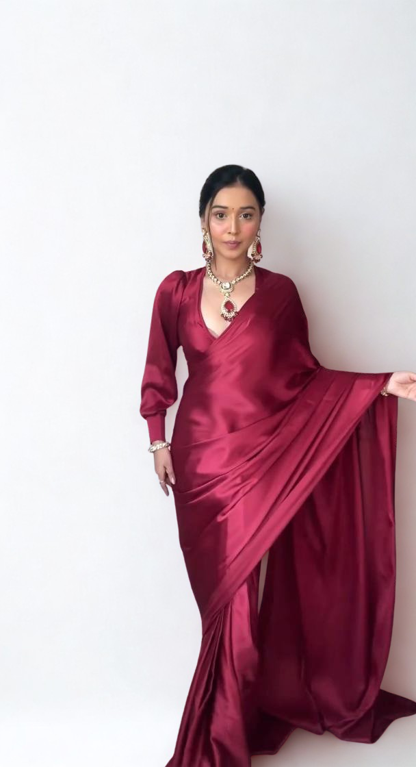 CLOVIRA Pure Satin Silk Ready-to-Wear Saree